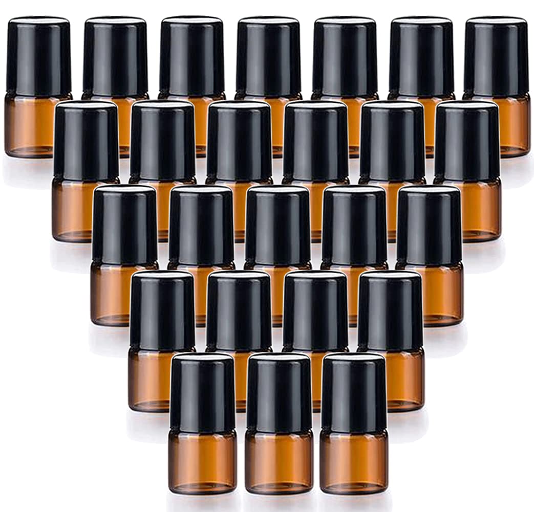 25 Pack 1ml (1/4 Dram) Colorful Glass Roll On Glass Bottles for Essential Oils,Empty Glass Vial with Stainless Steel Roller Balls Perfume Aromatherapy Travel Roll On Container-5 Color Options (Amber)-image-41