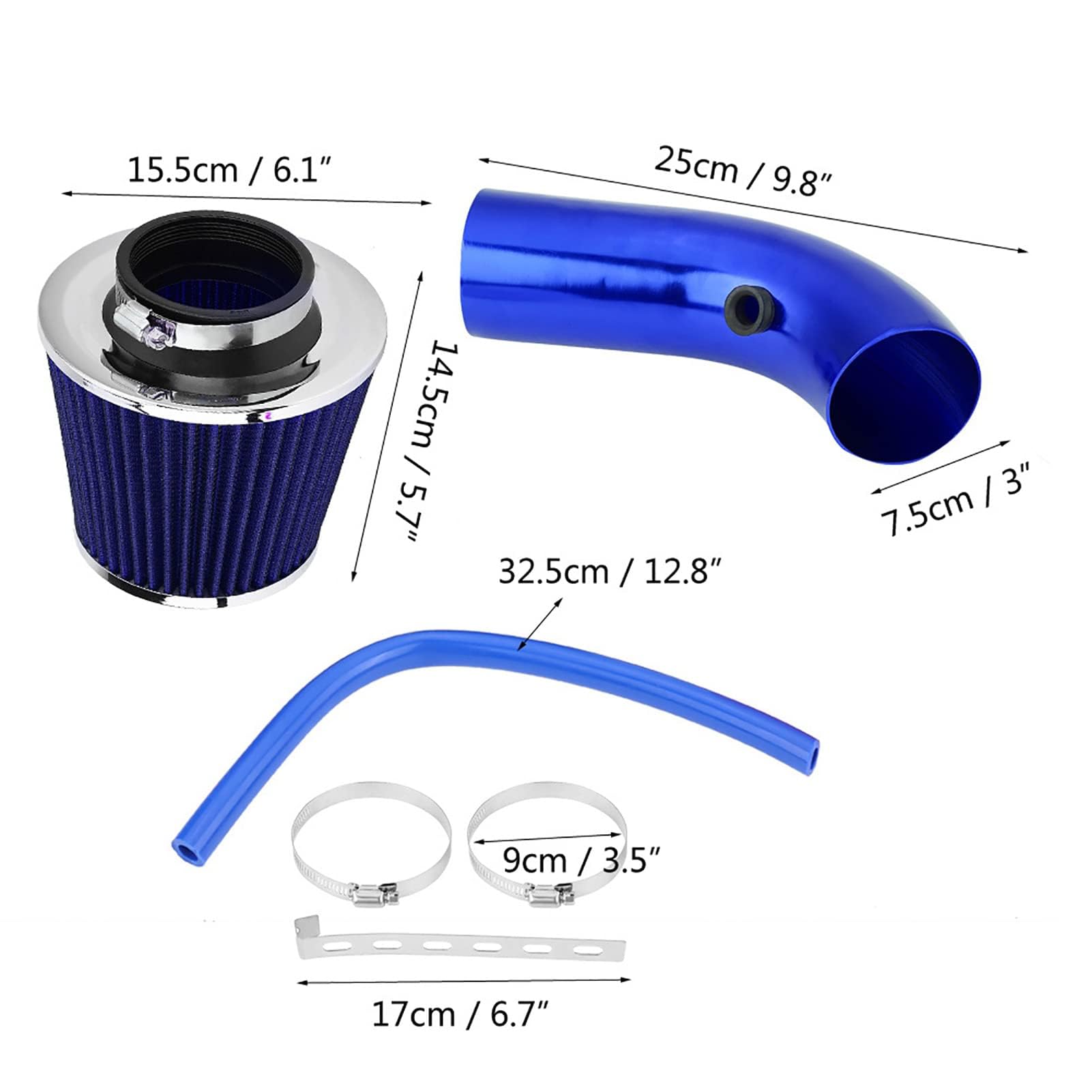 Universal Sportowy Filtr Powietrza, 76 mm, Zestaw Filtrów Wlotu Powietrza, Zestaw Filtrów Ssących Zimnego Powietrza z Wężem Aluminiowym, Niebieski