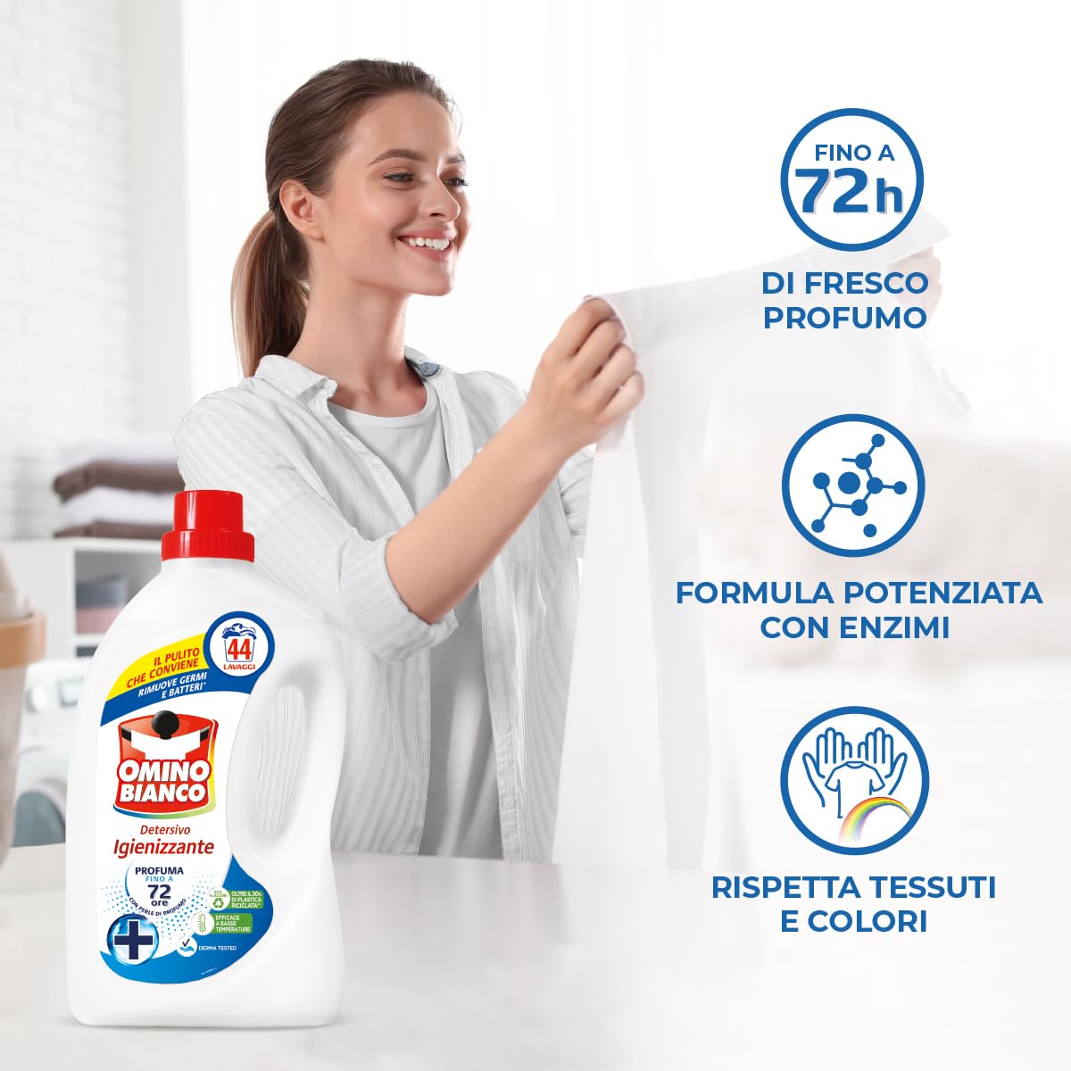 Omino Bianco - Detersivo Lavatrice Igienizzante Liquido, 132 Lavaggi, Igienizza i Capi e Rimuove Germi e Batteri, 1760 ml x 3 Confezioni