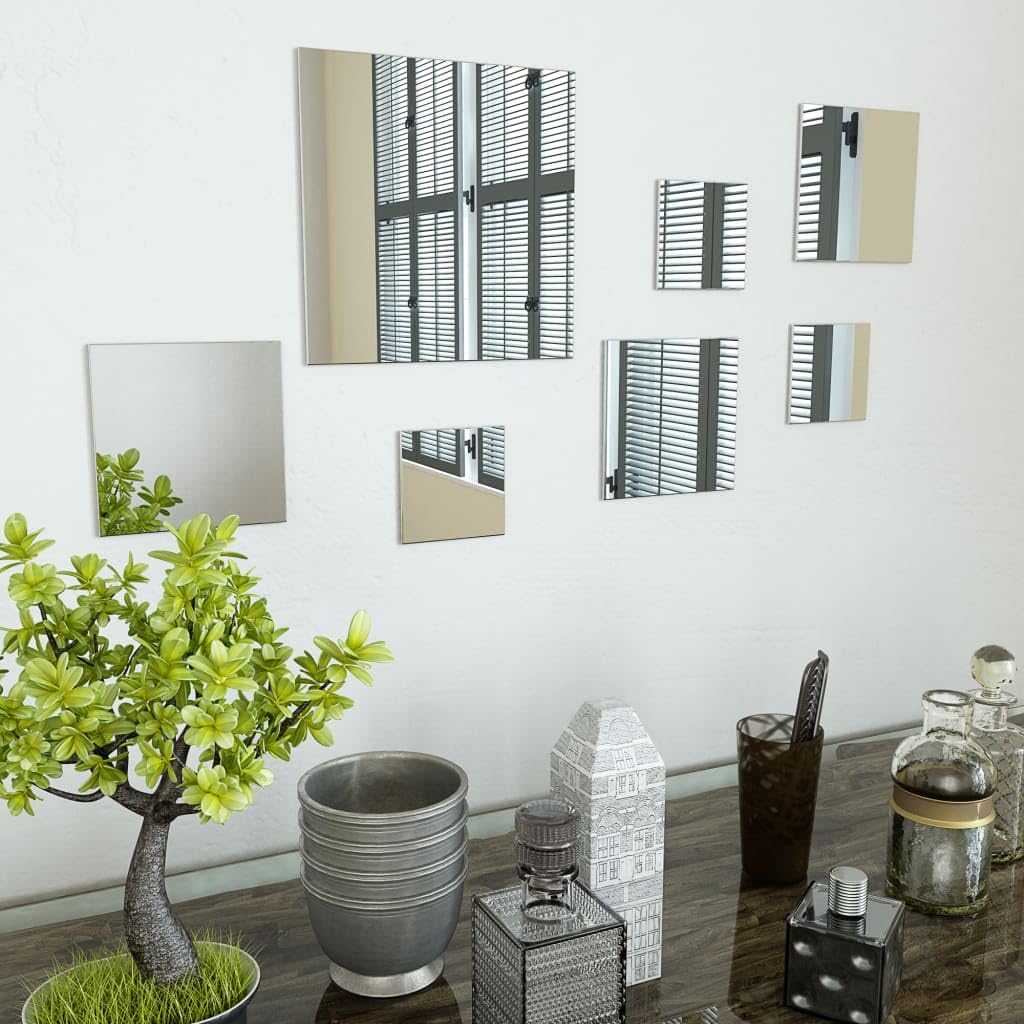 Set di 7 specchi da parete quadrati in vetro con 3 piccoli da 10 x 10 cm, 3 medi da 15 x 15 cm e 1 grande da 25 x 25 cm, per soggiorno, corridoio, camera da letto, bagno