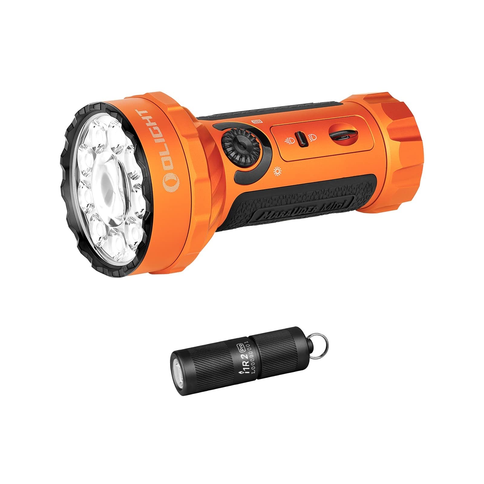 Marauder Mini 7,000 Lumens Bright Flashlight with 600 Meters Beam Distance, Powerful RGB Bundle I1R 2 Pro EDC Rechargeable Keychain Light