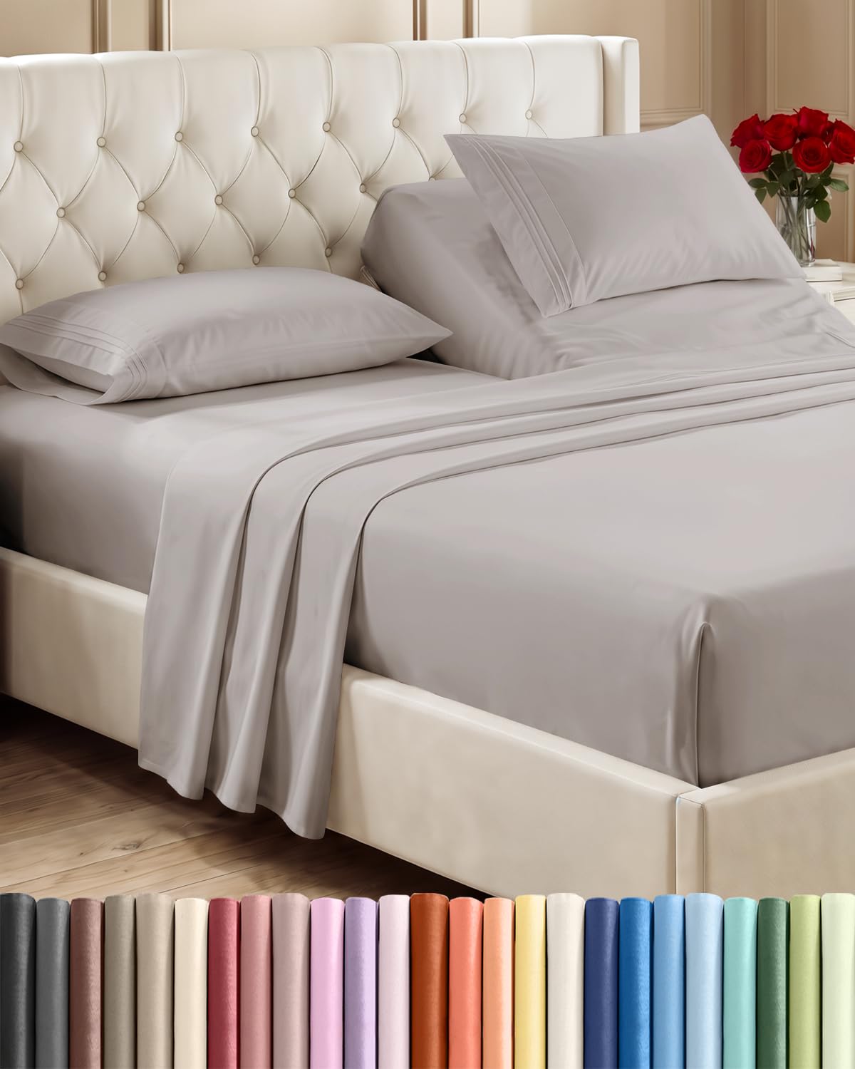 Flex Top Split Head King 4 Piece Sheet Set - Soft &amp; Breathable - Light Grey