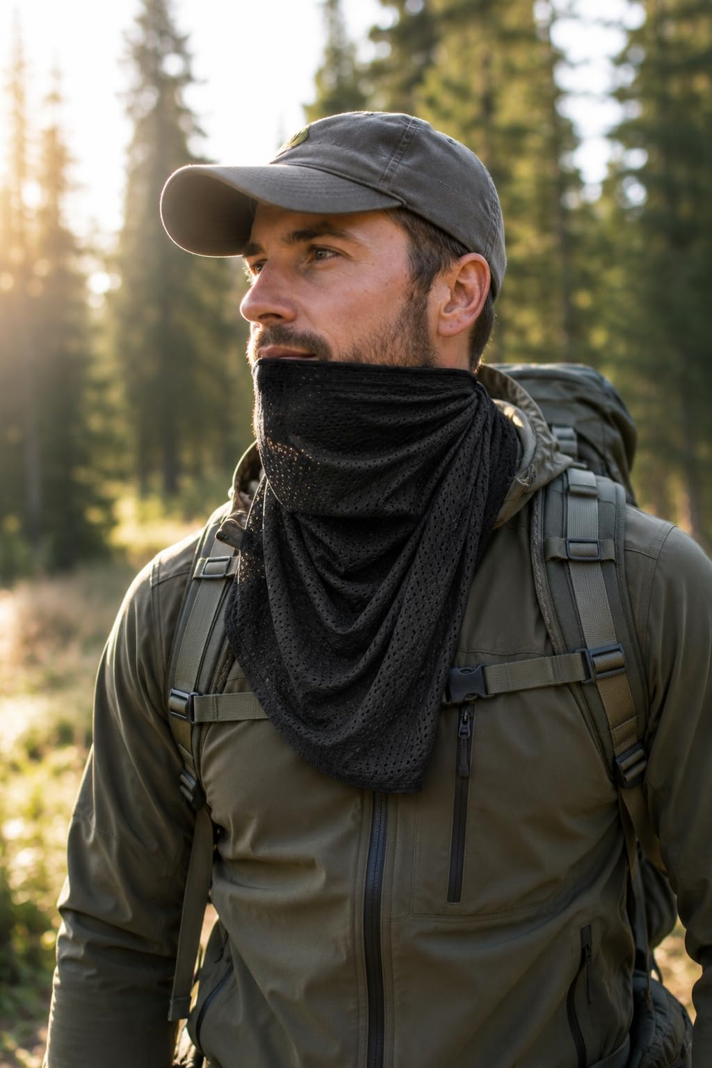Outdoor – chusta na szyję, chusta wielofunkcyjna, chusta na głowę, szal, opaska na czoło, maskowanie, ochrona na świeżym powietrzu, polowanie, wędkowanie, militarna, tkanina siateczkowa, kolor czarny
