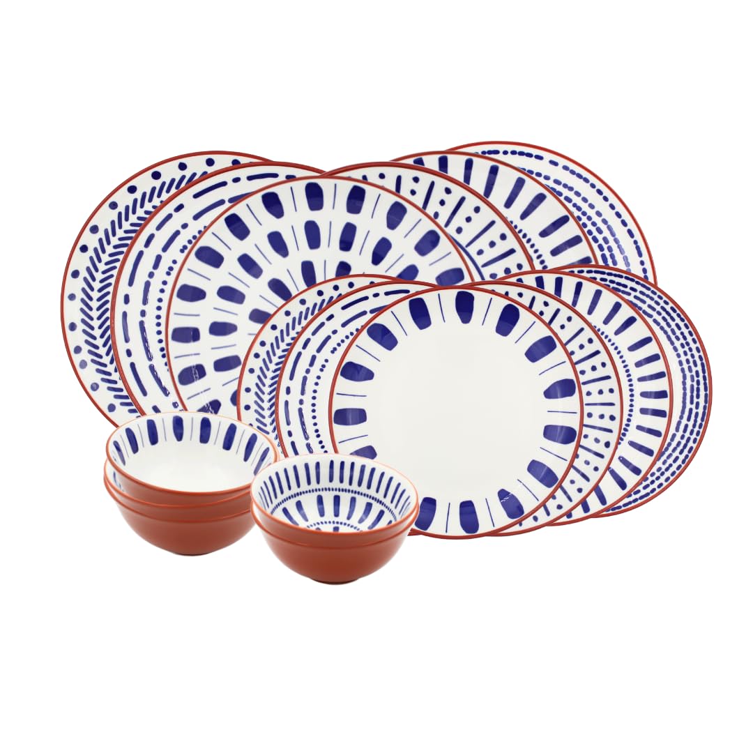 Service de Table 18 Pièces en Porcelaine Blanc Bleu Marron, 6 Grandes Assiettes, 6 Assiettes à Dessert, 6 Petits Bols, Style Méditerranéen Santorin
