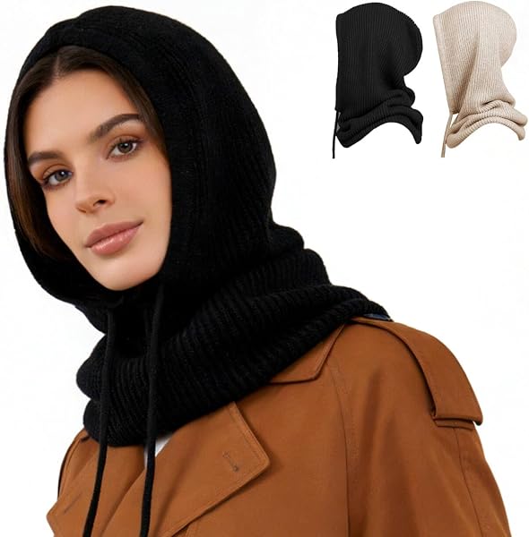 Cappelli invernali da donna a maglia Balaclava, con cappuccio, con coulisse, per attività all'aria aperta, antivento, con cappuccio - 1