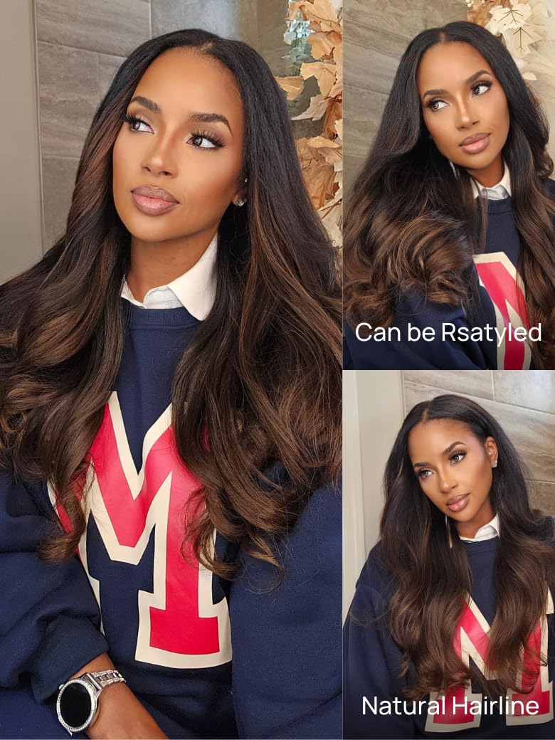 Nadula V Part Yaki Straight Glueless Wig Human Hair Balayage Brown Upgraded U Part Wigs, Highlight Straight V-part Wigs V Shape Clip in Half Wig No Glue Wear and Go No Leave Out 18inch