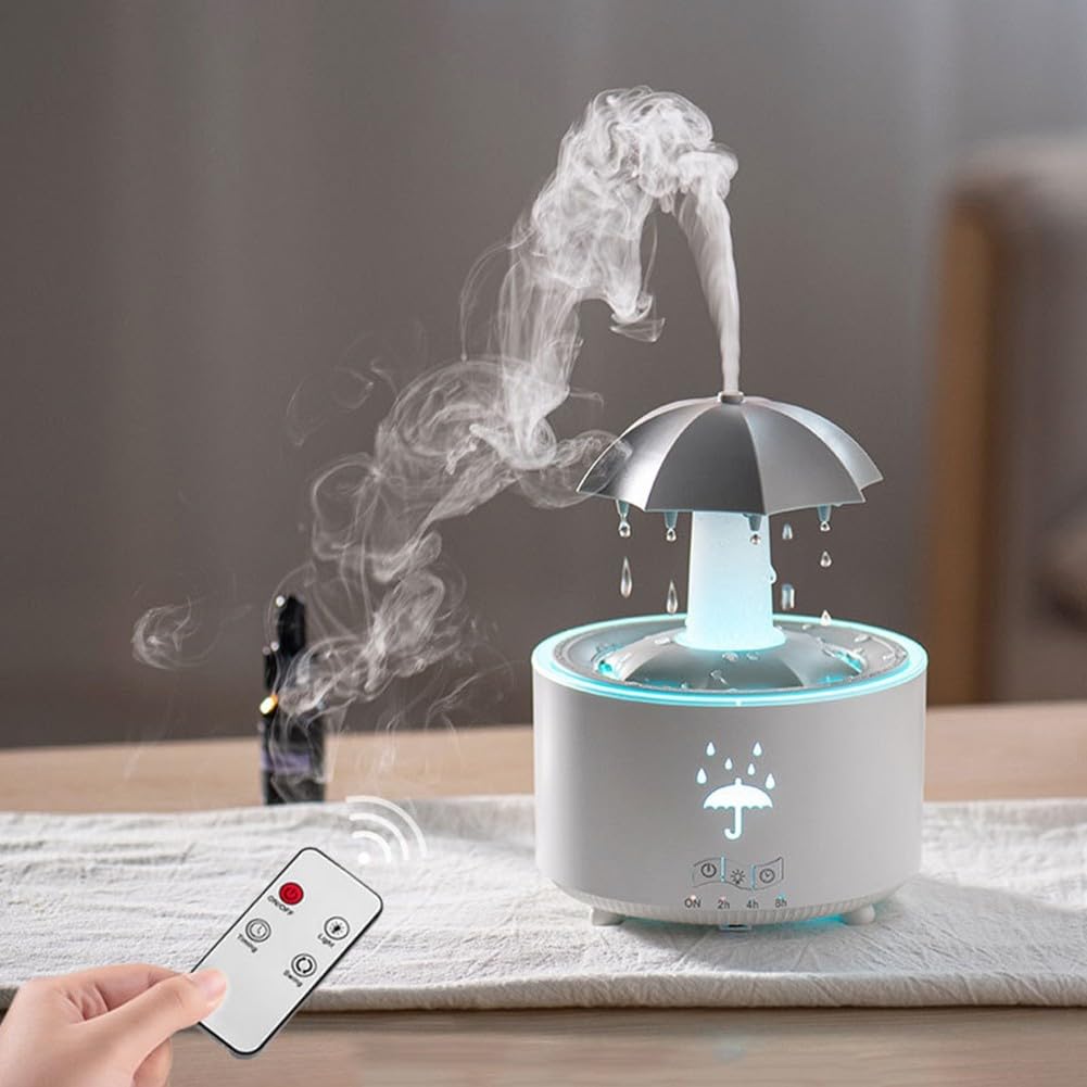 Umidificatore a forma di ombrello, diffusore di ombrelli con effetto sonoro pioggia, luce LED a 7 colori, 300 ml, diffusore di oli essenziali, timer, telecomando, funzionamento silenzioso per camera