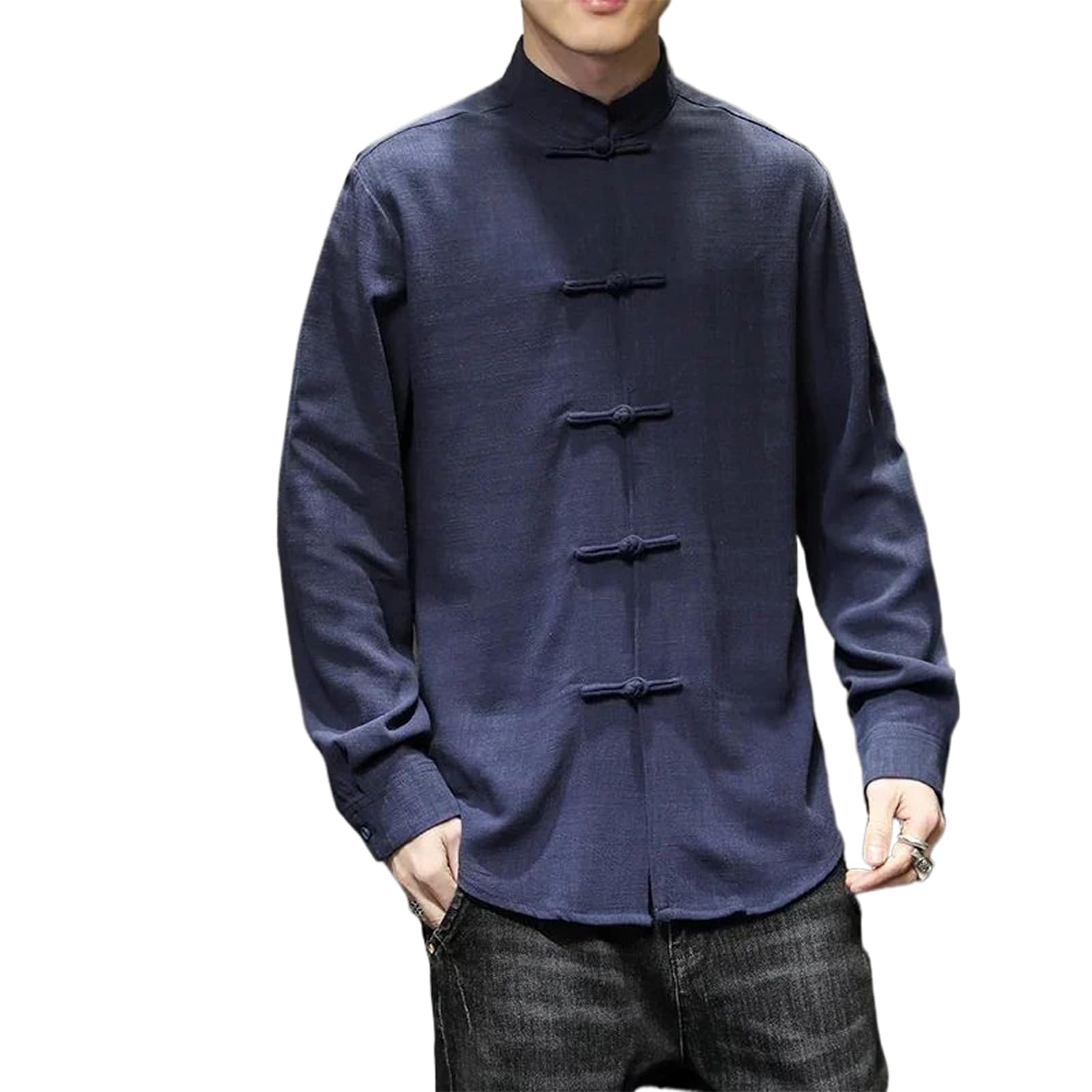 Primavera Autunno Pulsante Cinese Camicia Uomo Cotone Lino Manica Lunga Tinta unita Casual Cardigan Uomo Business Top
