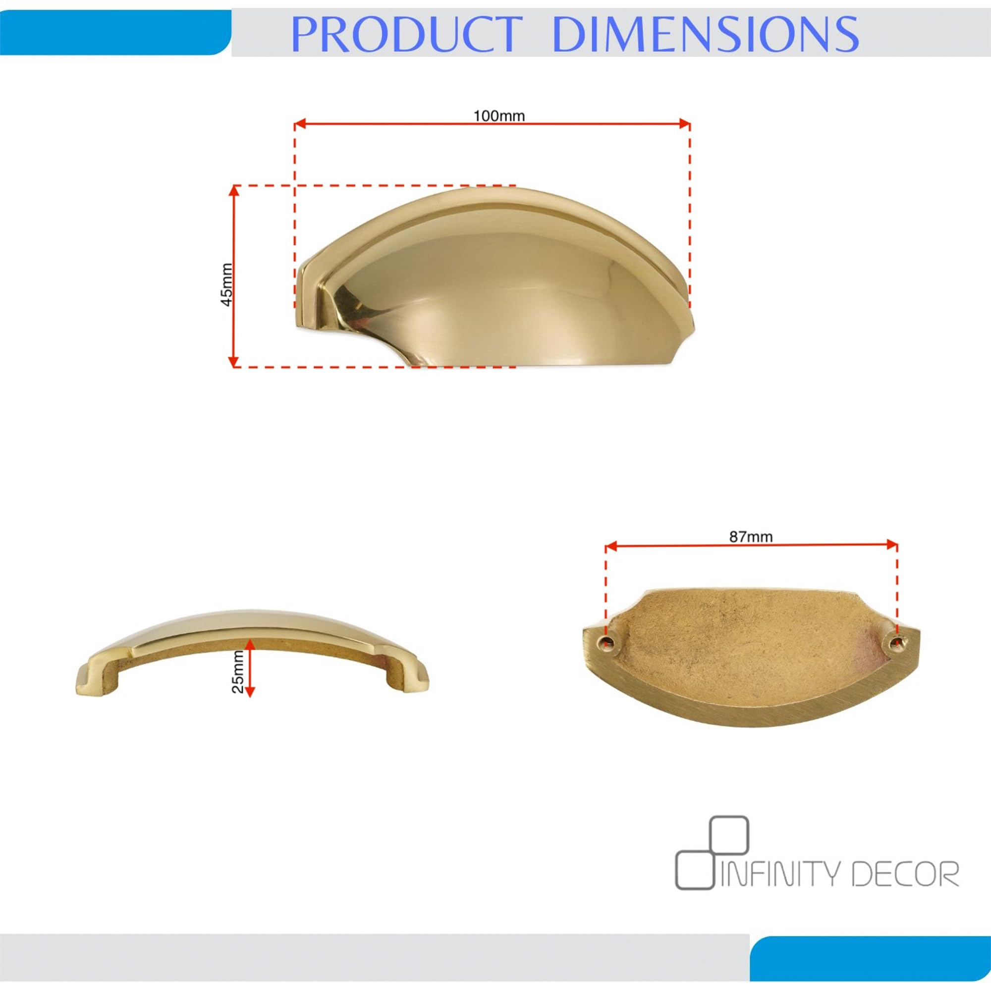 Infinity Decor Confezione da 4 pomelli in ottone lucido stile moderno mezza luna tulipano in ottone massiccio 150 mm – per armadio da cucina, credenza, cassetto maniglia porta