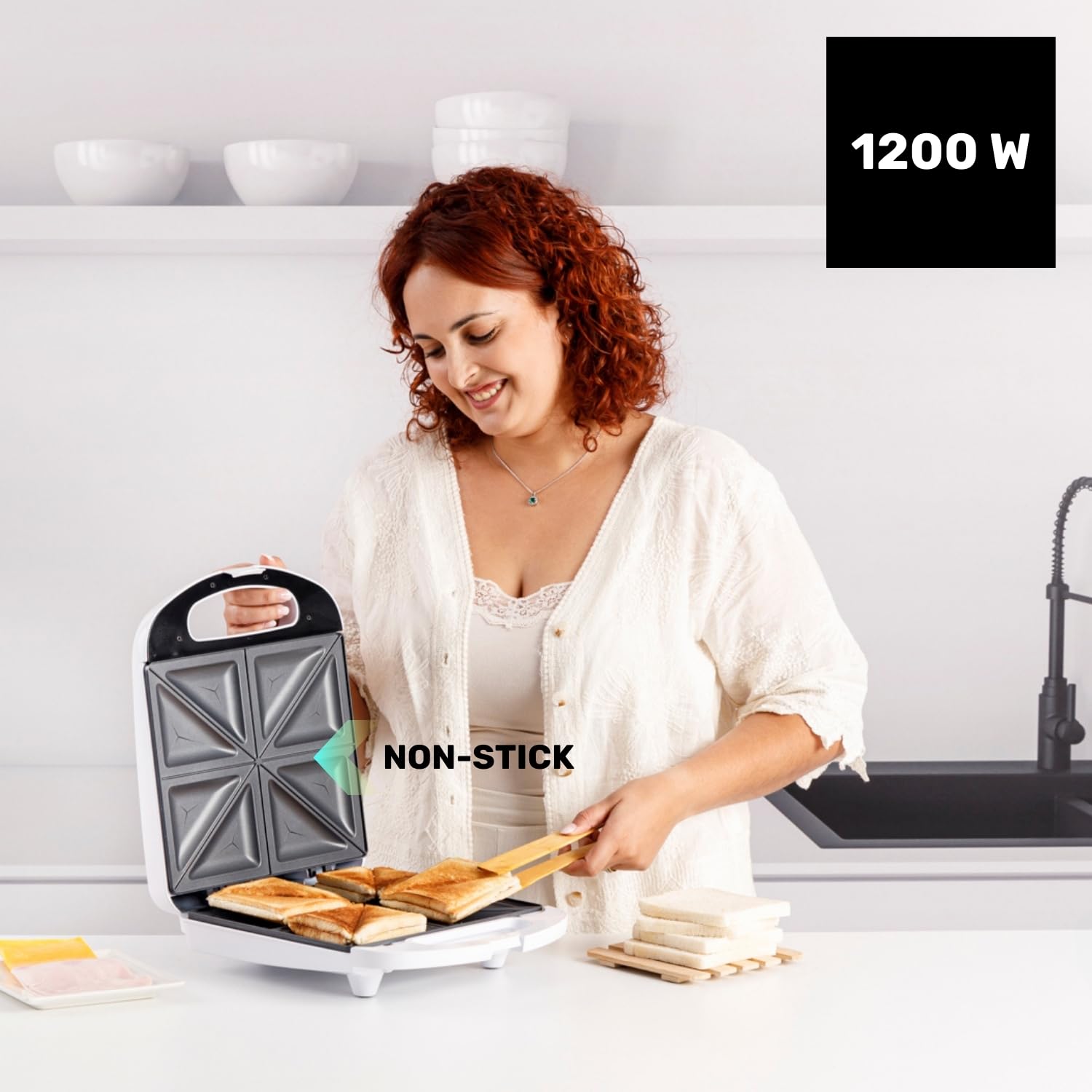Taurus - Sandwichmaker MySandwich Family 1200 W | 4 Sandwiches | Antihaft-Aluminiumplatten 26 x 22 cm | Schnellaufheizung | Kabelfach | BPA-frei