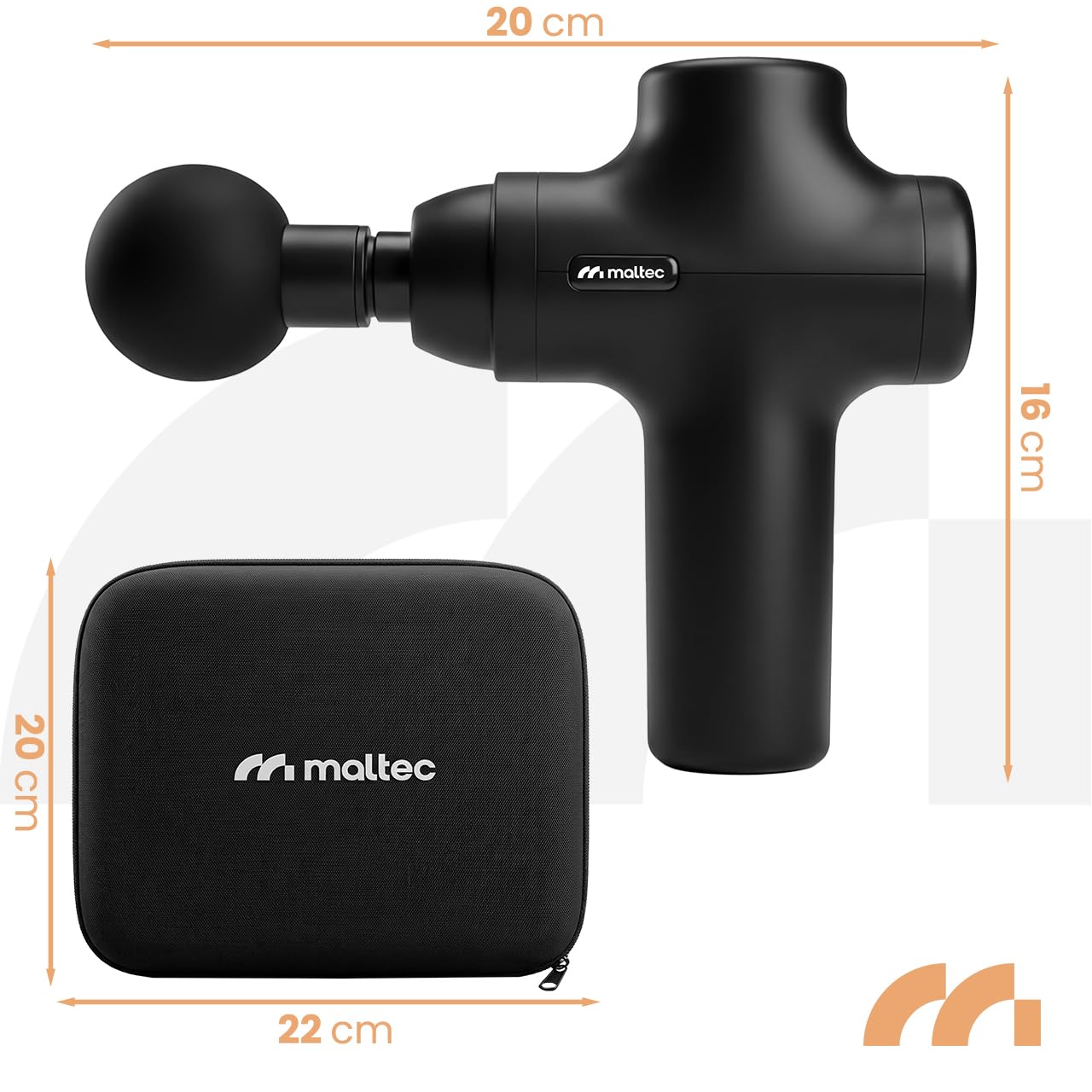 MalTec Pistolet do masażu, masażer do ciała, pleców, karku, ramion, 6 nakładek, 4 prędkości