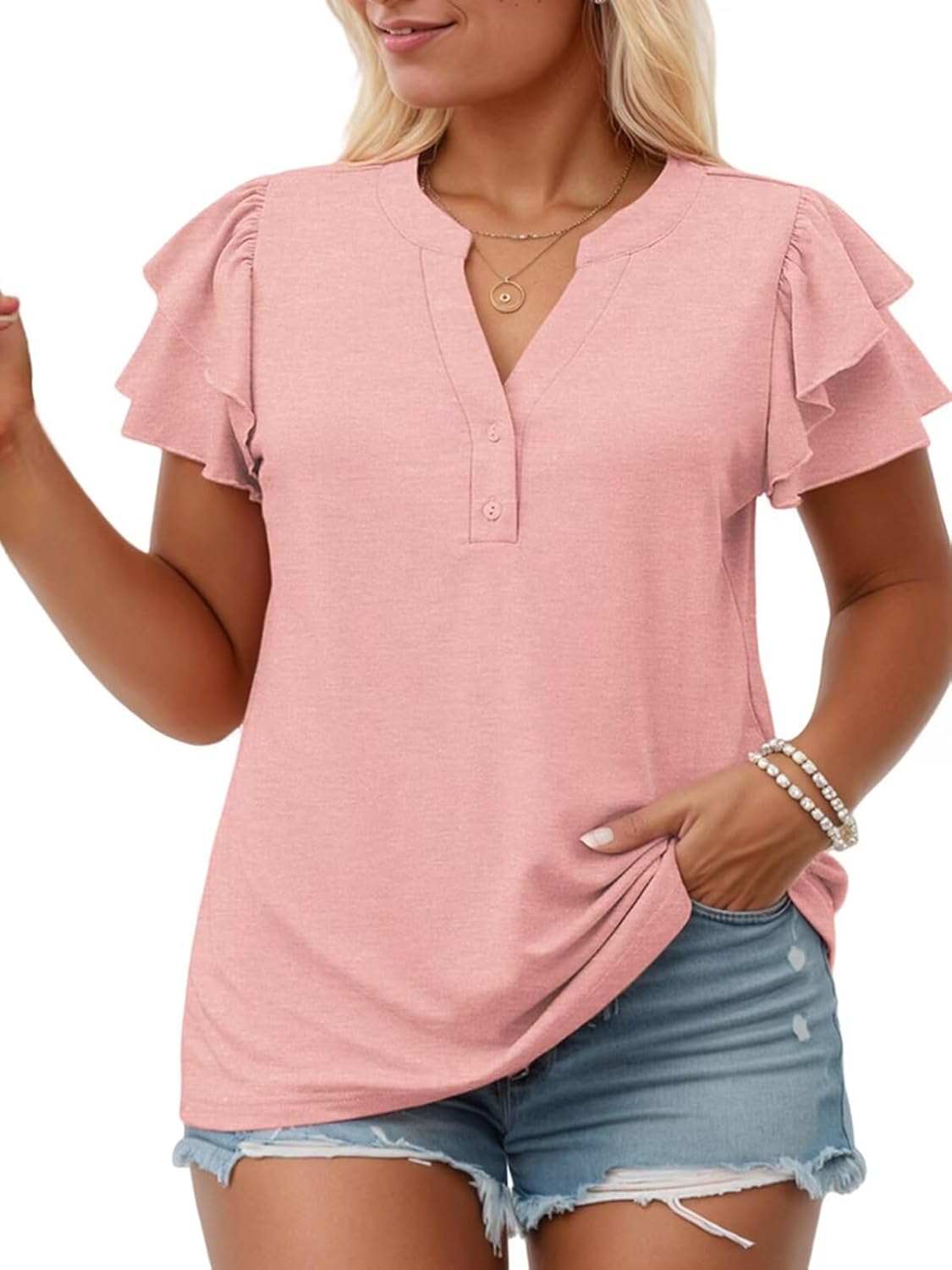 VISLILY Plus-Size-Summer-Tops for Women Cute Ruffle Short Sleeve T Shirts Notched V-Neck Tunics Button Down Blouses XL-5XL