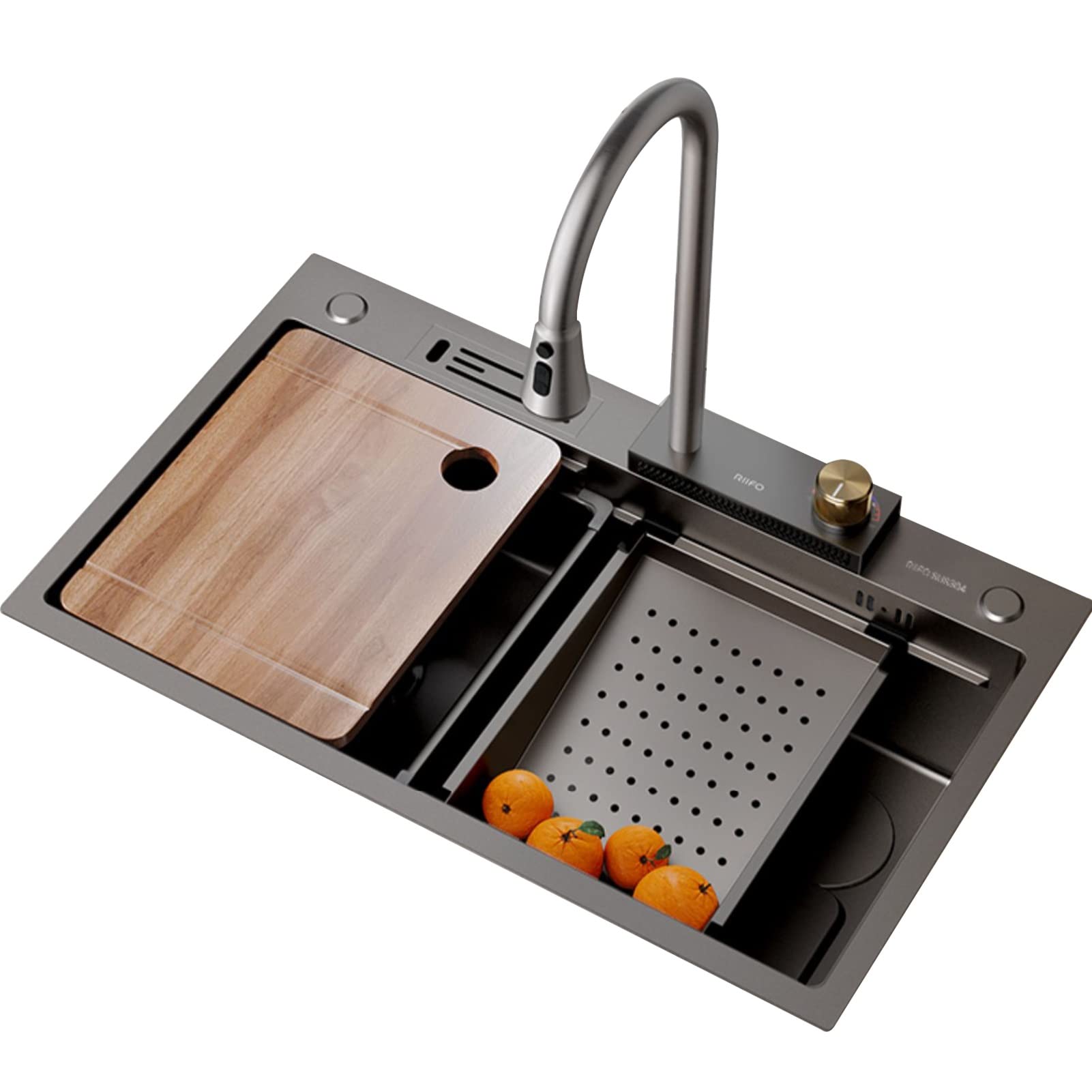 SDdPulse Kitchen Sink Flying Rain Waterfall Sink Undermount Or Drop-in Kitchen Sink with Small Basin Drain Kit,Cutting Board and Soap Dispenser,Black-75x46CM