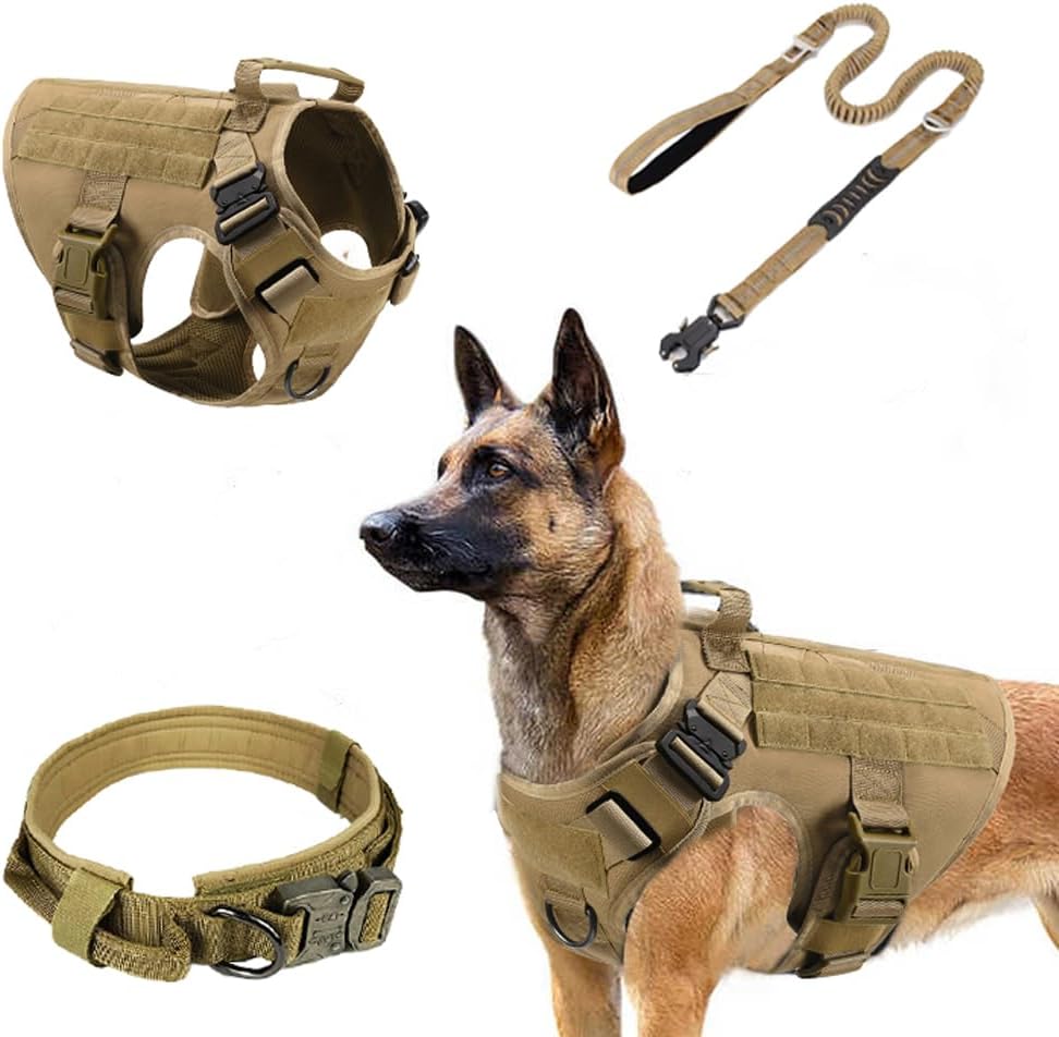Tactical Dog Harness with Handle, Collar & Leash Set – No Pull Dog Vest with Adjustable Buckles, Reflective Patches & Heavy-Duty Nylon for Medium Dogs (Khaki) Khaki Medium