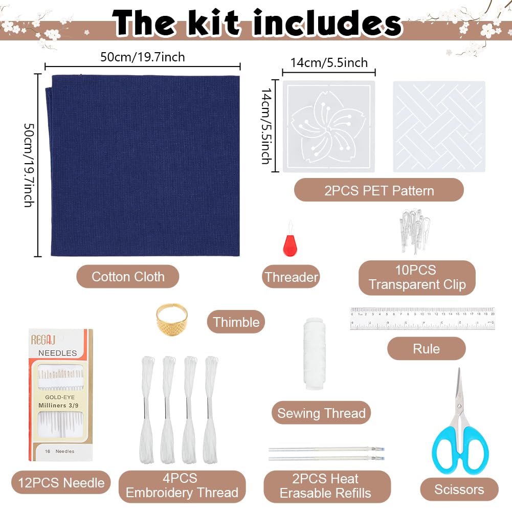 Kit De Bordado Sashiko Japonés Para Principiantes | Incluye Tela, Hilos, Agujas Y Plantillas | Funda De Cojín 40x40 Cm