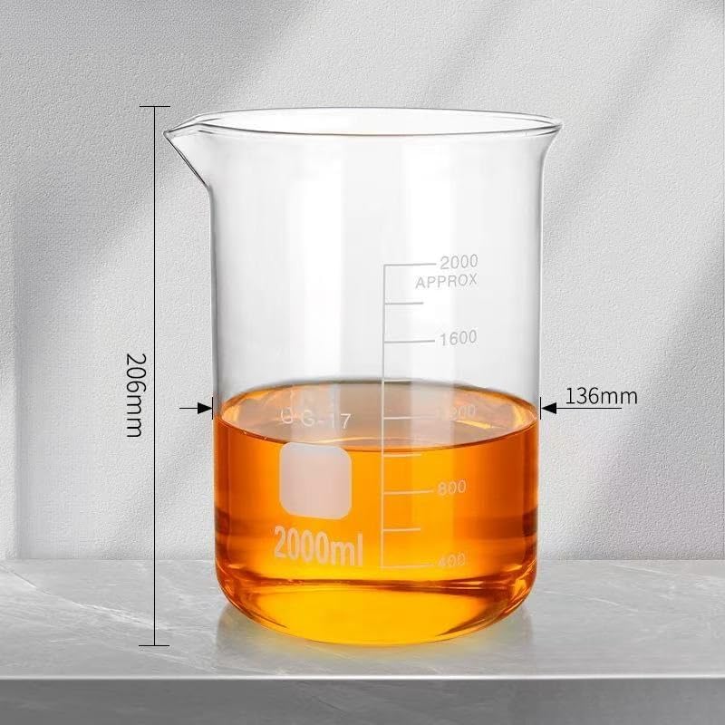 Szklana zlewka z podziałką, G3.3 Zlewka o niskiej formie ze szkła borokrzemianowego 10 ml–5000 ml grubych ściankach do użytku laboratoryjnego(2000ml)