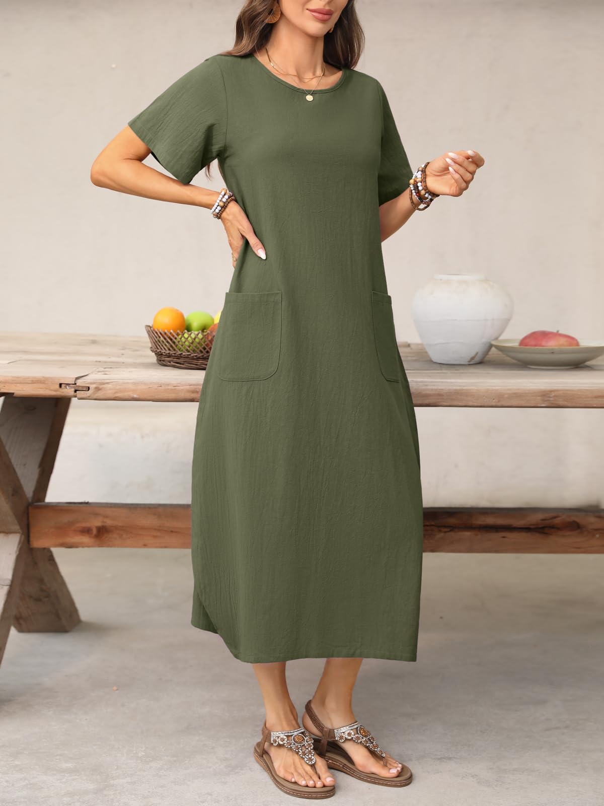ZANZEA Robe d'été en coton et lin pour femme - Grande taille - Manches courtes - Robe d'été ample décontractée avec poches