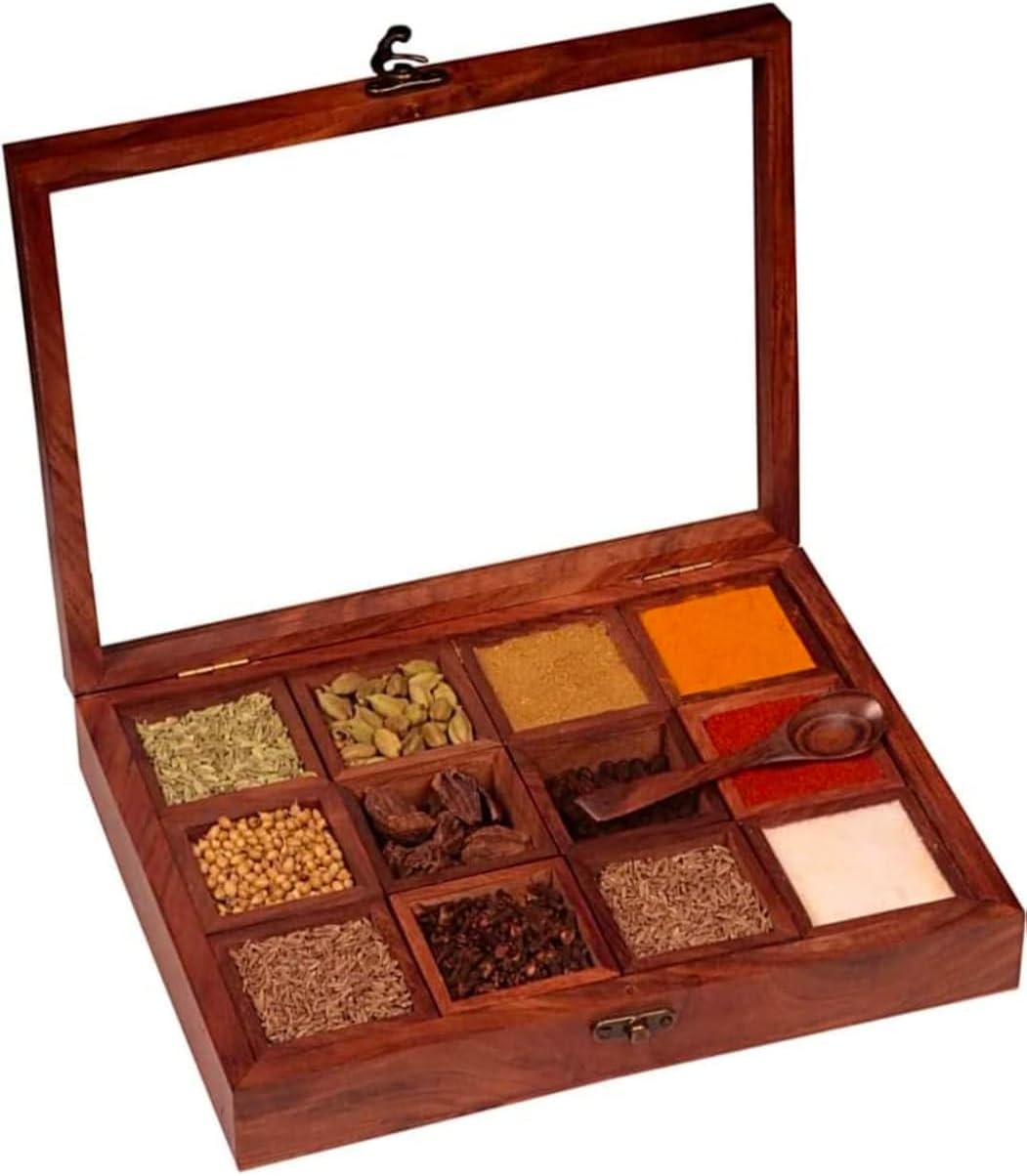 MAHANT Wooden Spice Box with 12 Compartments and Spoon – Handcrafted Masala Organizer Storage Box for Kitchen, Brown Finish