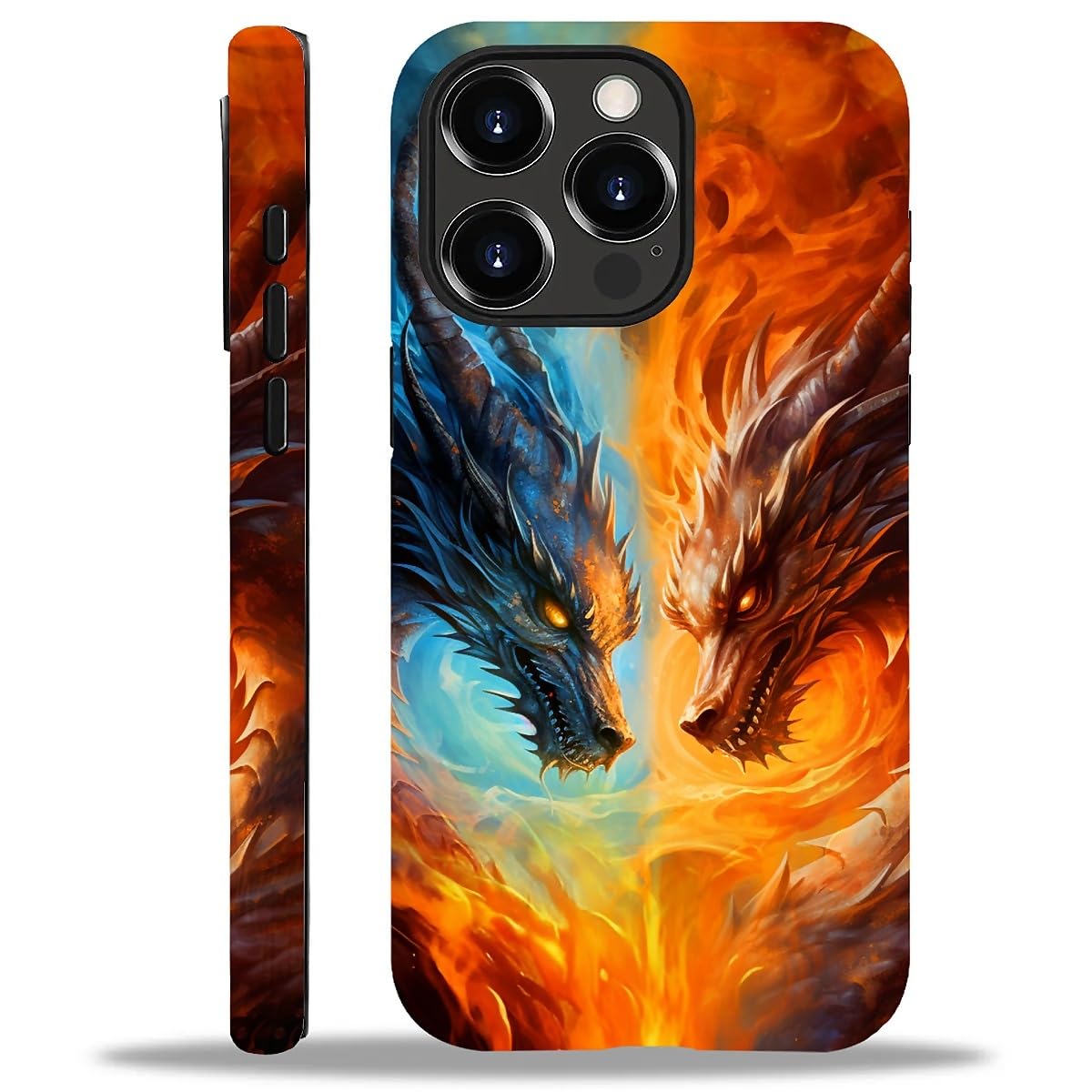 Punmada for iPhone 14 Pro Max Case,Asymmetric Ice Fire Dragon Pattern for Girl Women Boy Hard Hybrid Shell Shockproof Silicone Full Body Protective