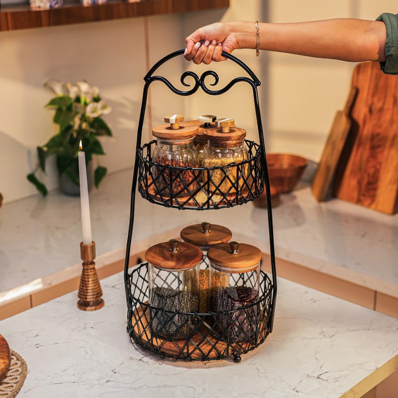 Image of Orbit Multipurpose 2-Tier Storage Basket | Acacia Wood & Iron Handles | Wooden Storage Organizer | Kitchen, Living Room, Bathroom & Home Decor | Natural Finish