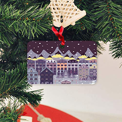 Ambesonne Winter Flat Ornament, Abstract Colored Dreamy Historic Houses Under Snow Christmas Eve Art Print, Rectangle Aluminum Semi Gloss Hanging Decor Tree Decoration, 2" X 3", Plum Lavender Cream #TOP2