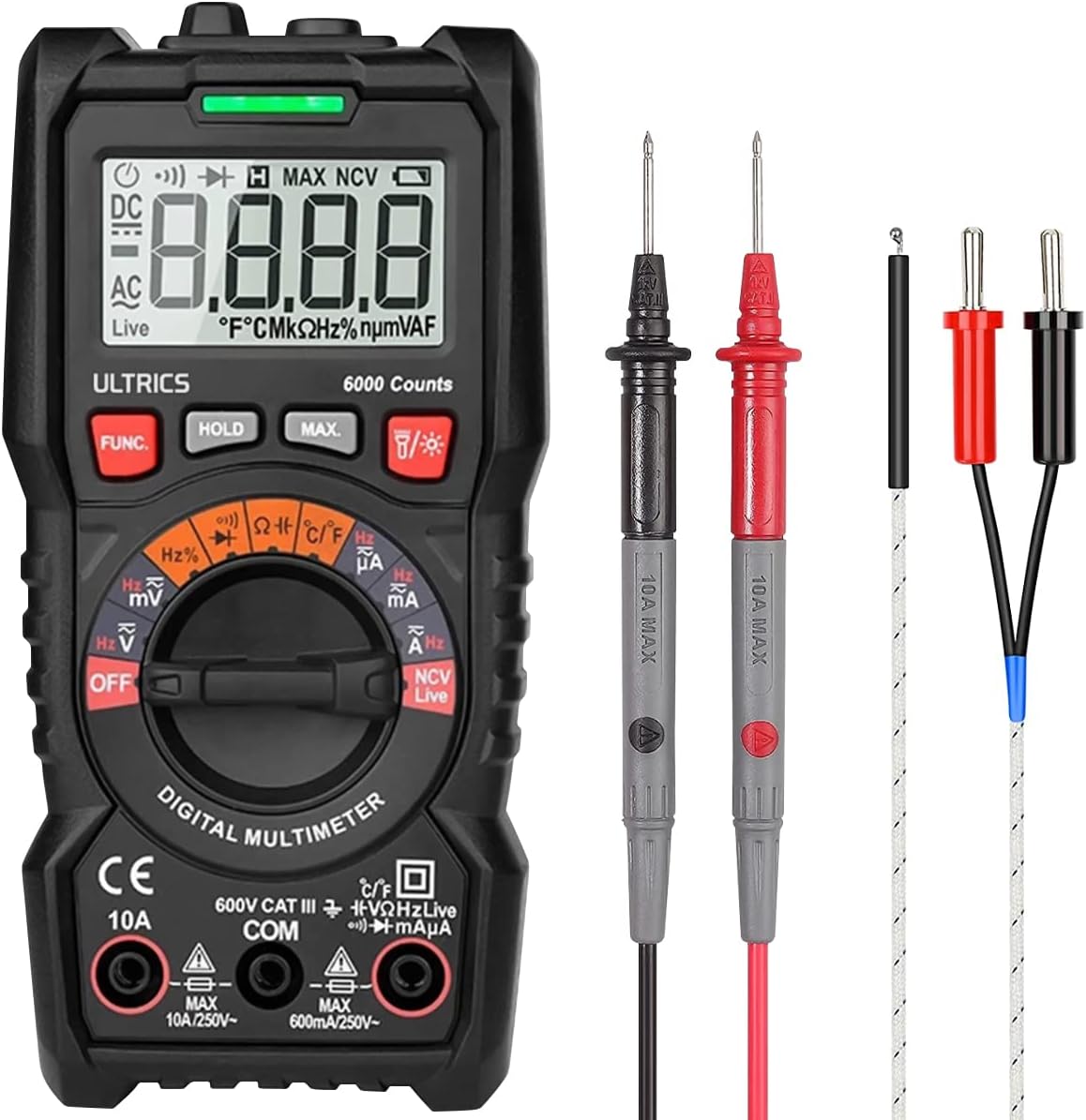 ULTRICS Digital Multimeter, Auto Ranging Multi Tester Voltmeter Ammeter Ohmmeter TRMS 6000 Counts, Test Meter with Leads, Backlit LCD Measures OHM AC/DC Voltage Current Resistance Continuity Diode