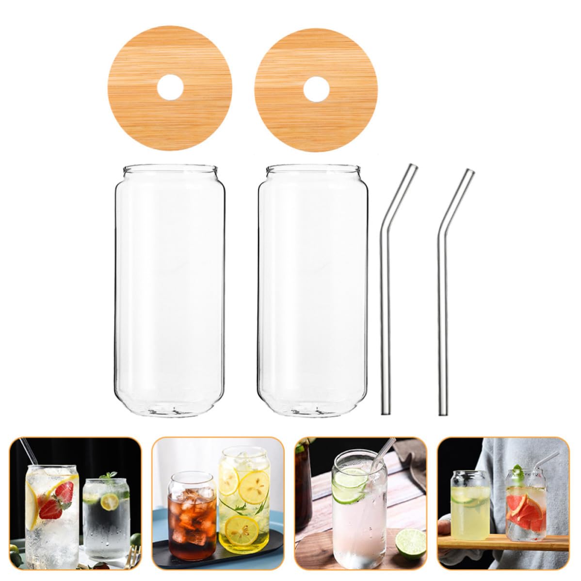 Zerodeko Set da 4 Bicchieri di Vetro con Cannuccia e Coperchio, Capacità 550ml, Design Semplice e Funzionale per Casa e Ristorante, per Bevande Fredde e Tè