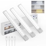 Under Cabinet Lighting 8 Inches Rechargeable Motion Sensor Light Indoor, 3 Color Dimmable Closet Light Battery Operated, USB Stick on LED Magnetic Under Counter Lights for Kitchen Stair, 3 Packs