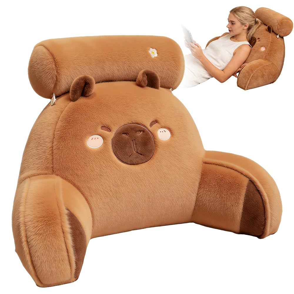 Rppiup Capybara Plush Reading Pillow, 23.6in Capybara Cuddle Cushion for Kids Adults, Back Support Cushion with Lumbar & Removable Neck Support, Comfy Reading Pillows for Reading Relaxing Watching TV