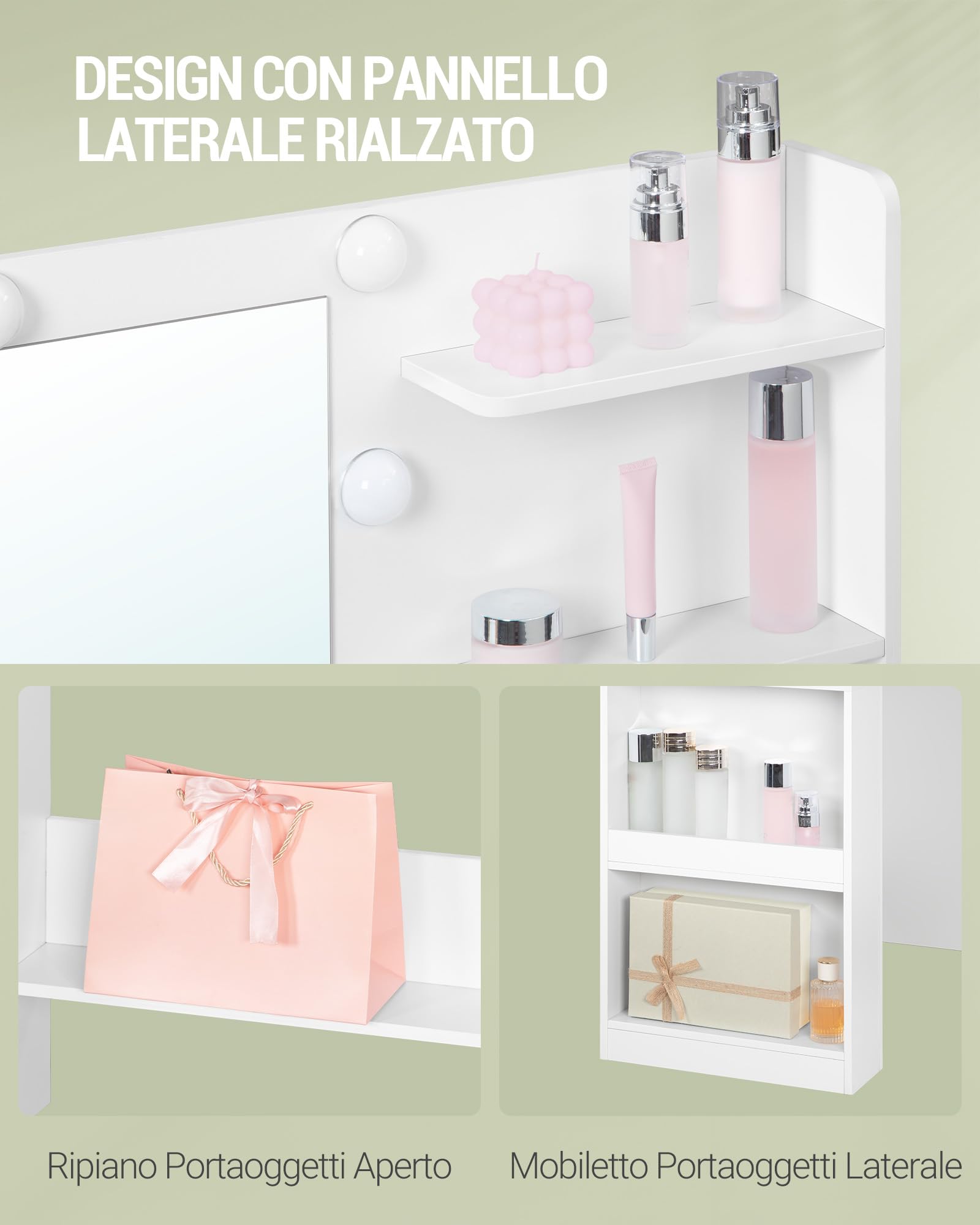 Hzuaneri 108 cm Toeletta da Trucco Grande con Illuminazione a LED, Tavolo da Trucco con Specchio, 6 scomparti aperti, 5 Cassetti e vano portaoggetti laterale aperto, Postazione Truccos, Bianco