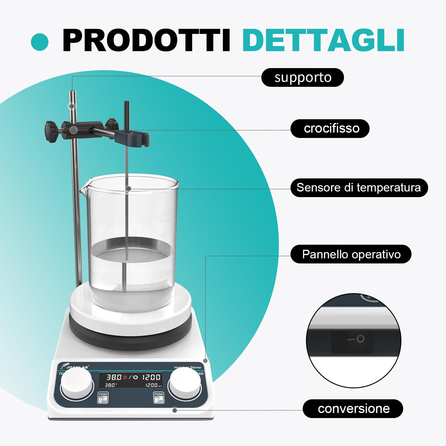 JOANLAB Agitatore Magnetico con Piastra Riscaldante, 310°C, Piastra in Ceramica da 5 Pollici, Miscelatore Magnetico Digitale con Timer, 50-1500 rpm, Capacità 3L