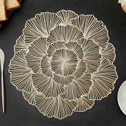 Image of Yellow Weaves 2 Pcs PVC Bloom Petal Design Table Placemat, Dining Table Mat, Anti-Skid, Washable, Dining, Kitchen, Restaurant Table Set Easy to Clean, Durable (Golden)