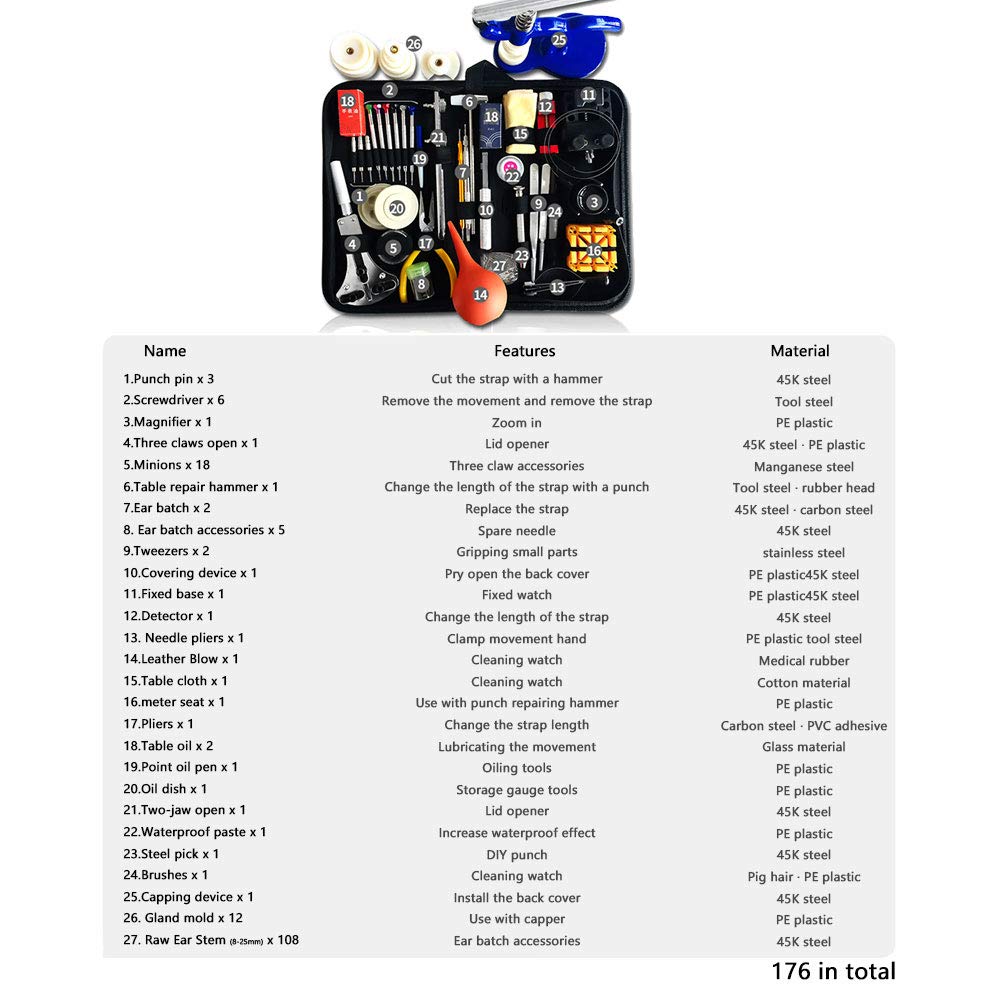 176PCS Kit Riparazione Orologi, Utensili per Orologio Riparazione, Orologi Strumenti Riparazione Guarda Professionale Set, Orologiaio Portable Kit con Manuale