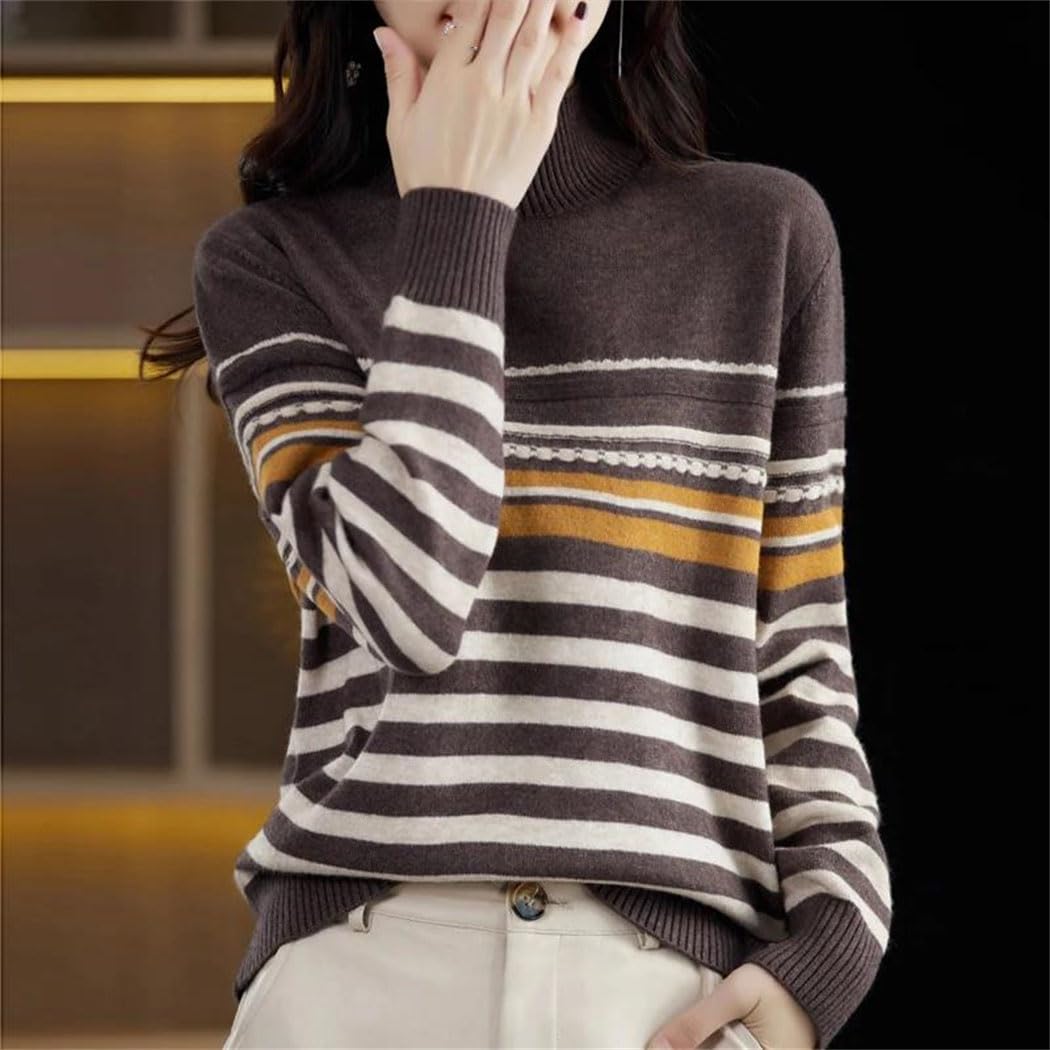 Sweter Damski Wełniany – Uniwersalny Sweter Z Półwysokim Kołnierzem I Kolorowymi Paskami-Beige-Medium