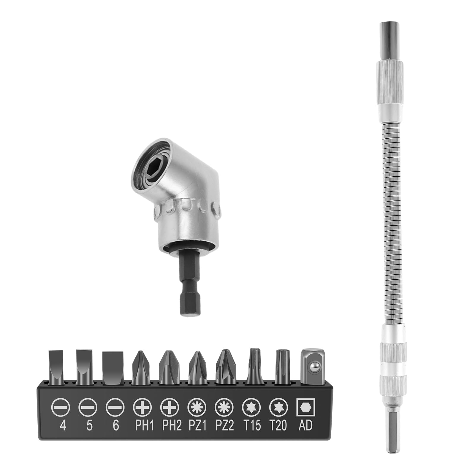 MABCIRY 105 Degree Right Angle Drill Adapter Set, Galvanized Steel Right Angle Drill Attachment with Drill Bit Extension and Bit Corner Tool Screw Hub