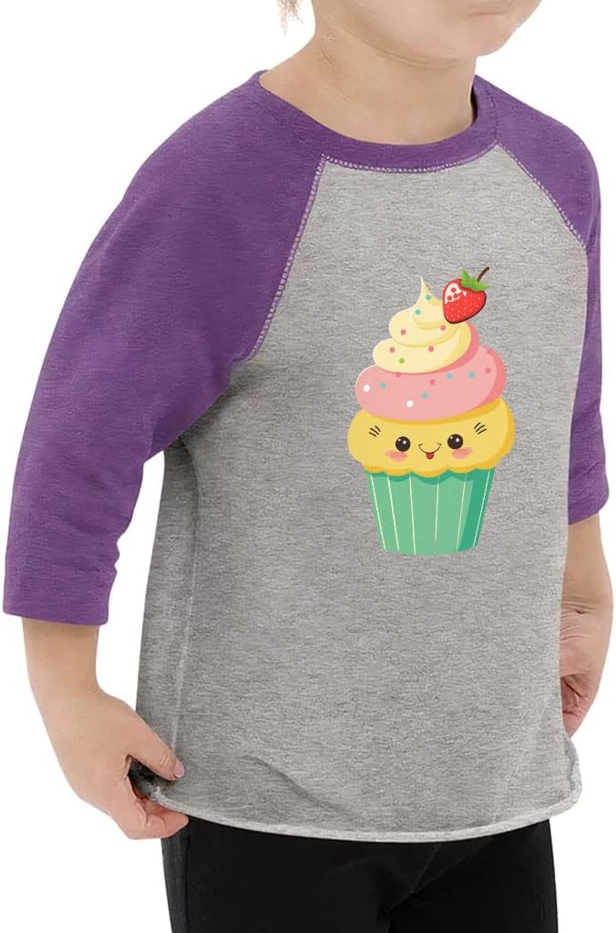 Kawaii Cupcake Toddler Baseball T-Shirt - Smiley 3/4 Sleeve T-Shirt - Sweets Kids' Baseball Tee