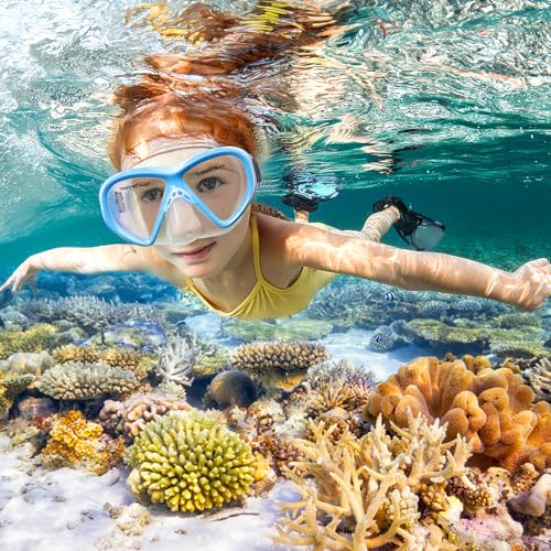 Image of Kids Swim Goggles Snorkel Diving Mask for Boys Girls Ages 5-15, Two-Color Anti-Fog Swimming Goggles with Nose Cover