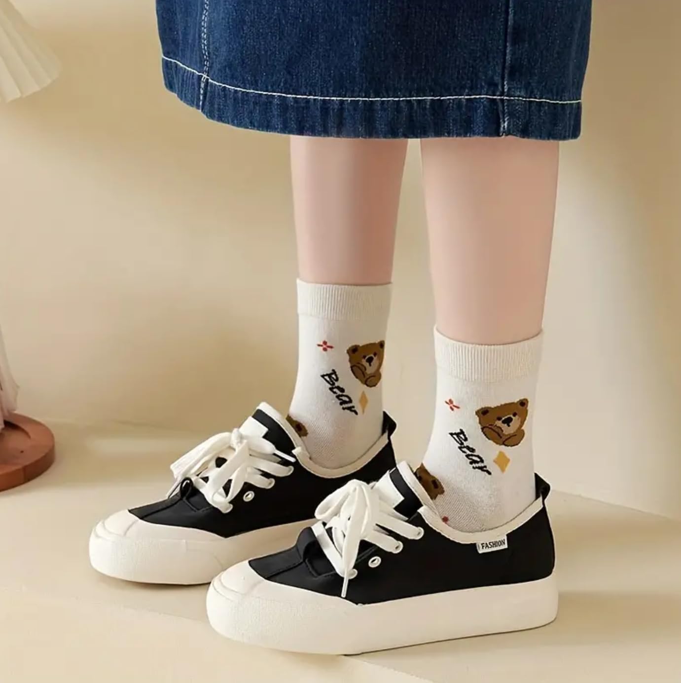 SoxLife Cotton Blend Women Calf Length Cute Socks Odour Free | Set of 5 (Brown Bear) - Image 4 thumbnail