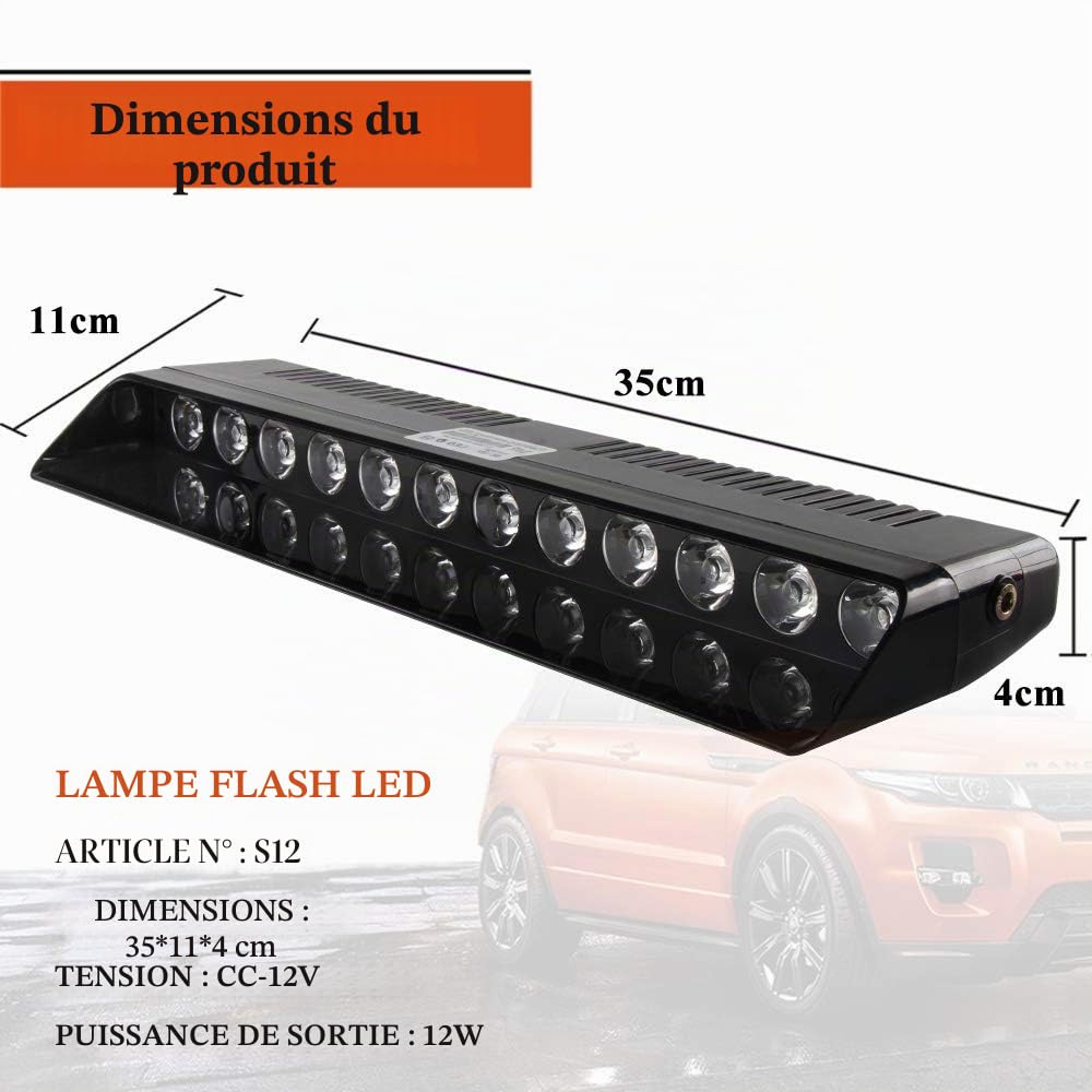 Lumière Stroboscopique,Lumière d'avertissement de flash de fréquence Utilisation dans pare-brise/tableau de bord/flash d'urgence 12V 12 LED avec ventouse, Rouge Bleu