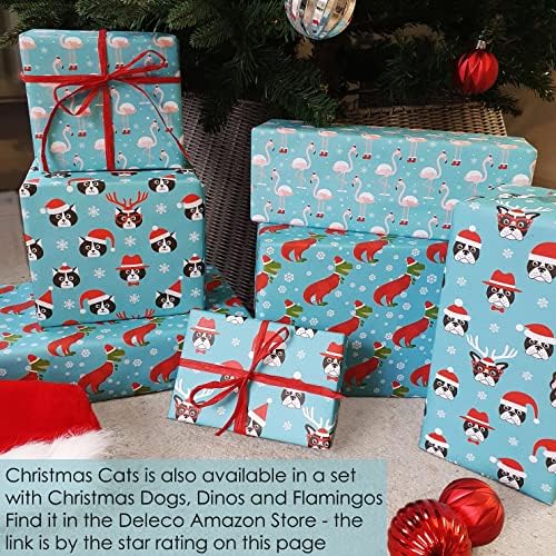 4 x Cat Christmas Wrapping Paper Sheets - Premium Recyclable Xmas Gift Wrap 70cm x 50cm Made in the UK from 100% Recycled Paper