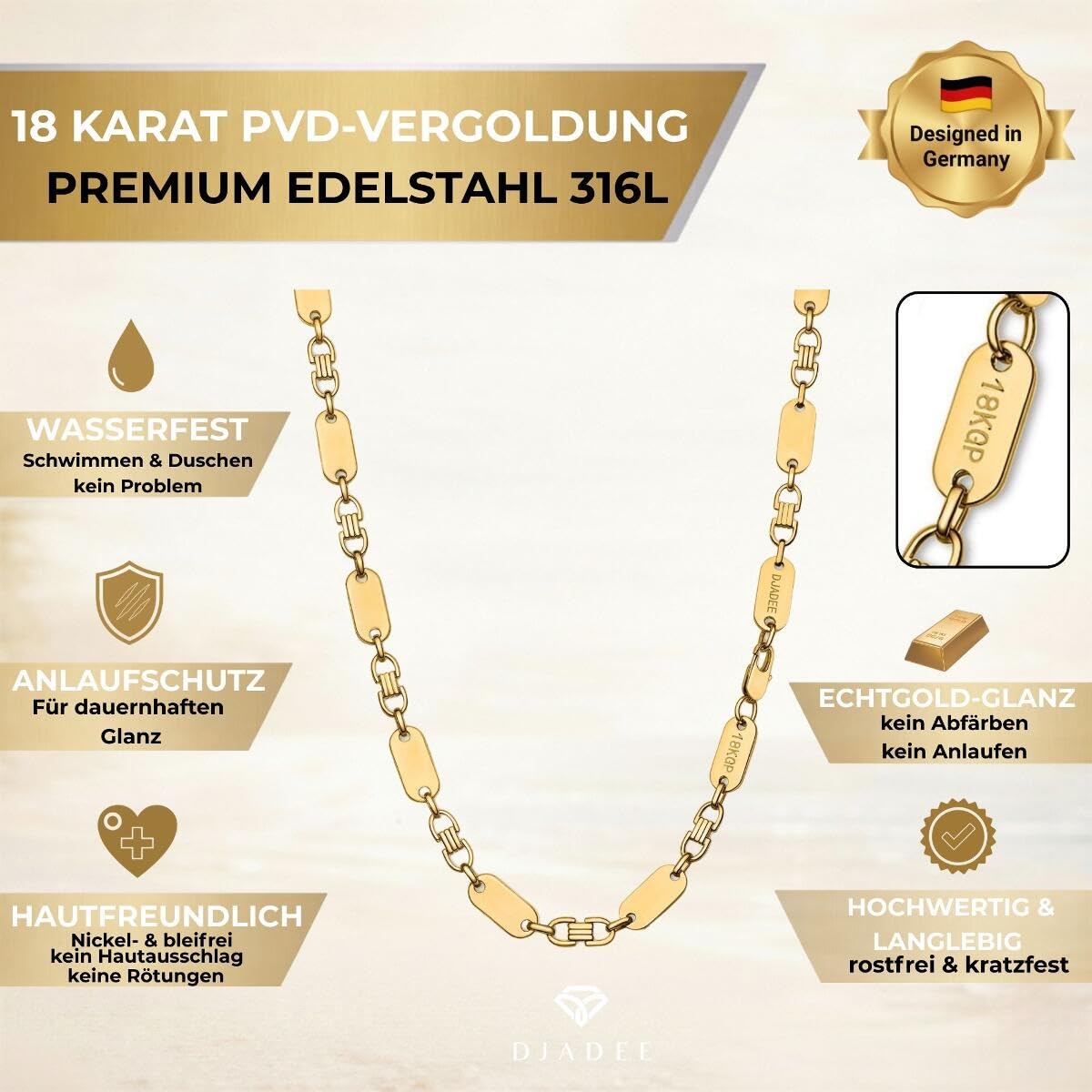 DJADEE Herren Kette Gold 750 vergoldet Premium Edelstahl 316L Plattenkette 6/8/10/12 mm Wasserfest Hypoallergen Hochglanzpoliert Geschenk für Männer Halskette Steigbügelkette 18 Karat gestempelt