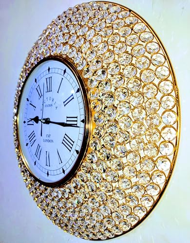 Image of HOMEDECO Decorative Crystal Wall Clock Analog 6 Lines of Diamond Beads Iron Clock, Roman Numbers Modern Fancy Designer Clock, Luxury Large Victoria for Home Decor Items Best Gift (Golden 39x20.32cm)