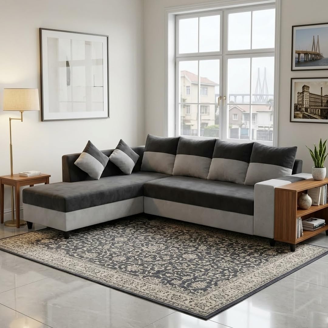FURNY Sebian Velvet-Suede Fabric 6 Seater LHS Sofa Set (Dark Gray - Light Gray) | Comfortable & Spacious Seating | Modern Sofa Set for Living Room | Plush Comfort Cushions-image-23