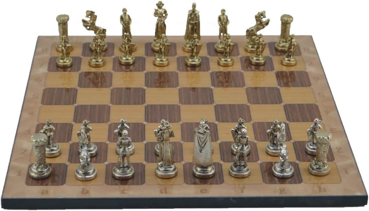 Metal Chess Set for Adults Medium Medieval British Army Figures,Handmade Pieces and Different Design Wooden Chess Board (Rustic)
