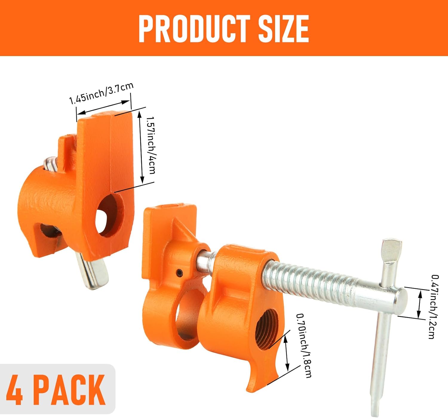 4 Pack Pipe Clamps for Woodworking - Heavy Duty Wood Gluing Pipe Clamp Set - Woodworking Cast Iron for Assembly or Cuttings, Fixture for 1/2 Inch Pipe