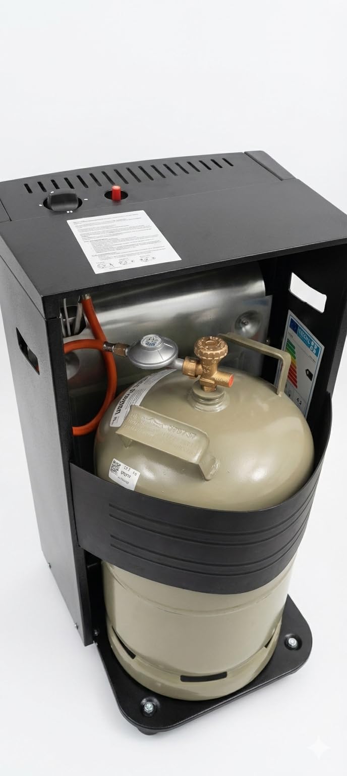 Gazcamp Blueflame Mobile Gasheizung, 4,2 kW, mit ODS Sauerstoffmangelsicherung, Piezozündung, für Propan/Butan/LPG, 2 Heizstufen, 430 x 460 x 743 mm, Schwarz, mit Rollen