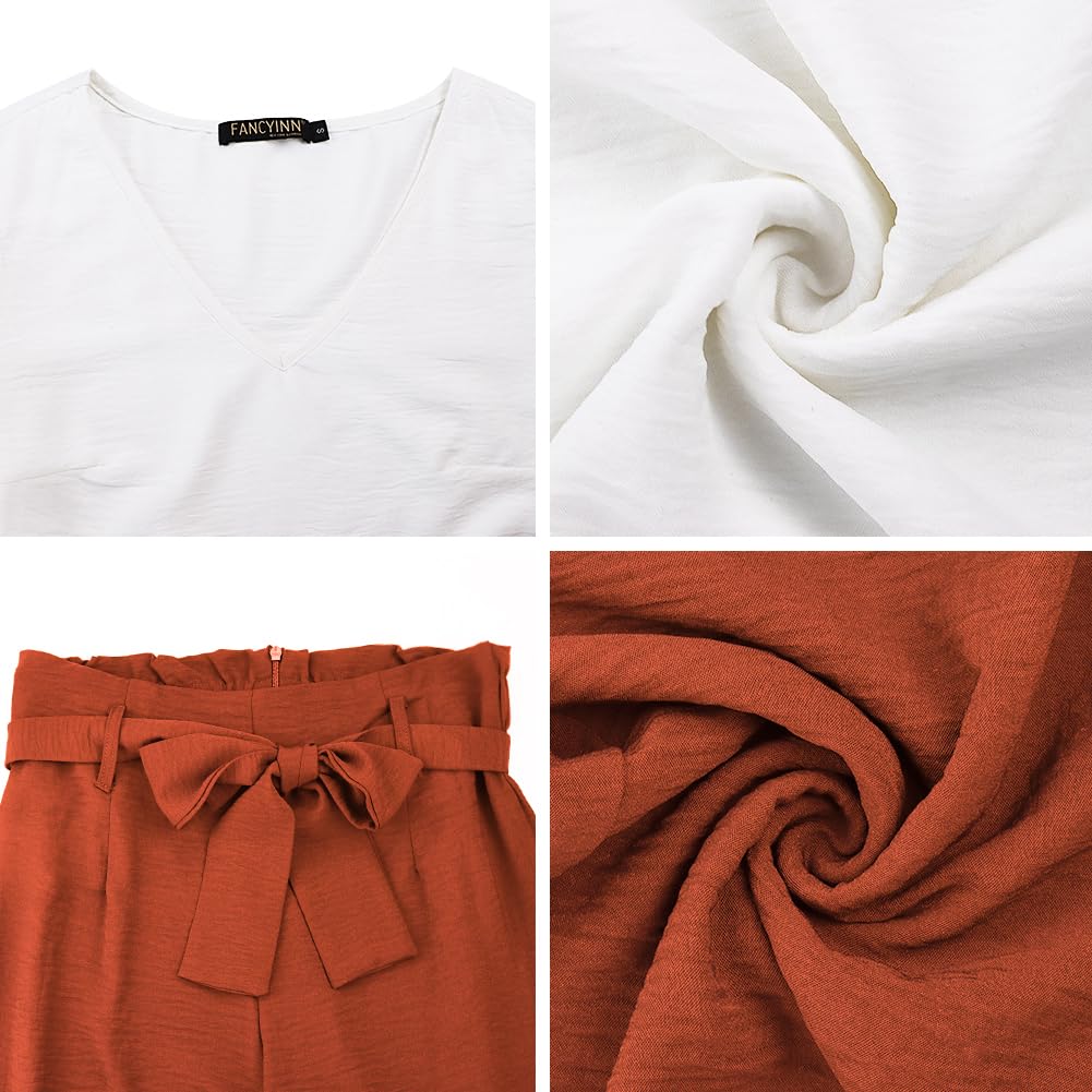 FANCYINN Completo da donna in 2 pezzi, con scollo a V, maniche lunghe, pantaloni a vita alta con cintura, B-orange Pantaloni & Bianco Maniche Lunghe Top, Large