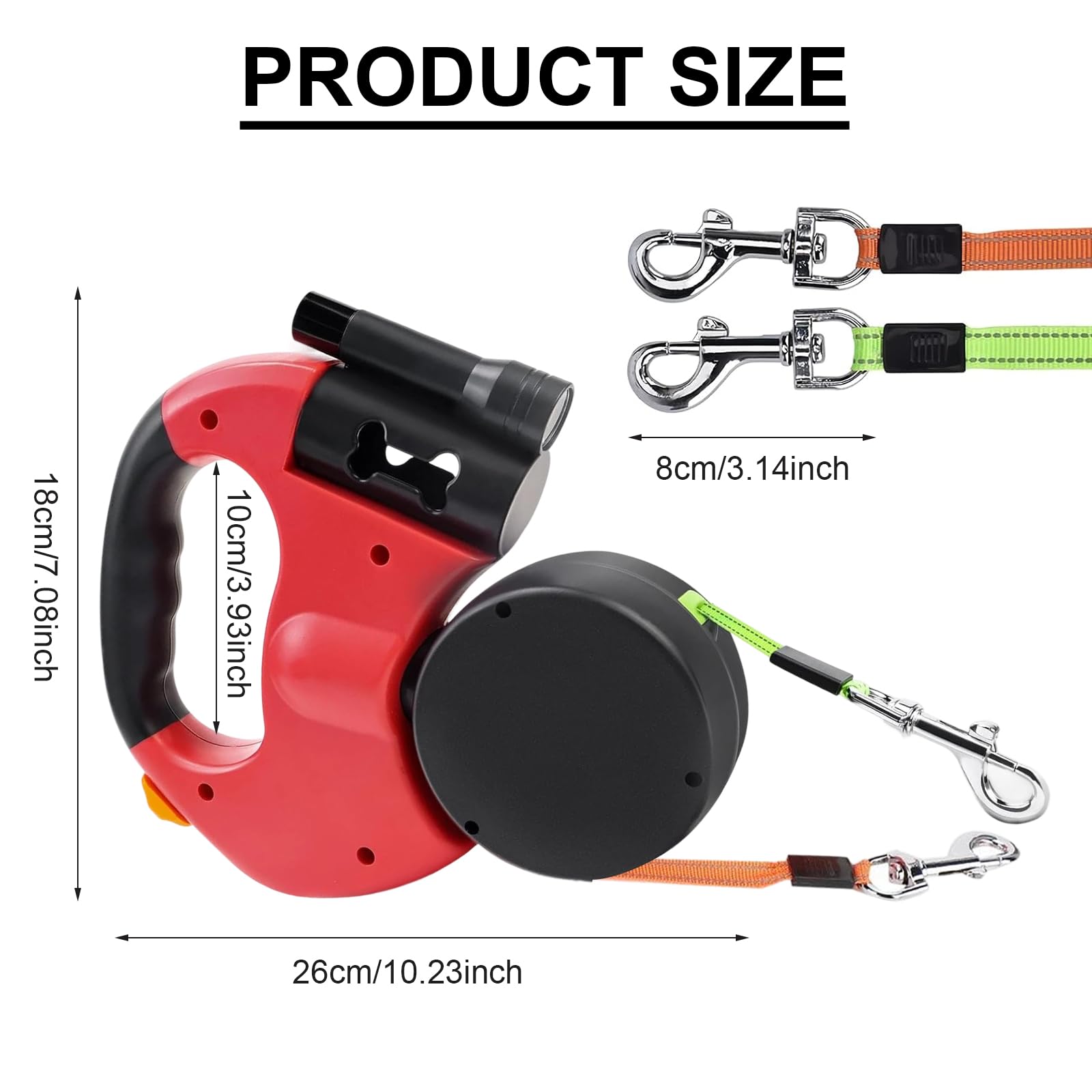 Guinzaglio retrattile da 3 m per 2 cani, doppio guinzaglio con luce LED, girevole a 360°, nylon riflettente, regolabile, per cani di piccola e grande taglia, rosso