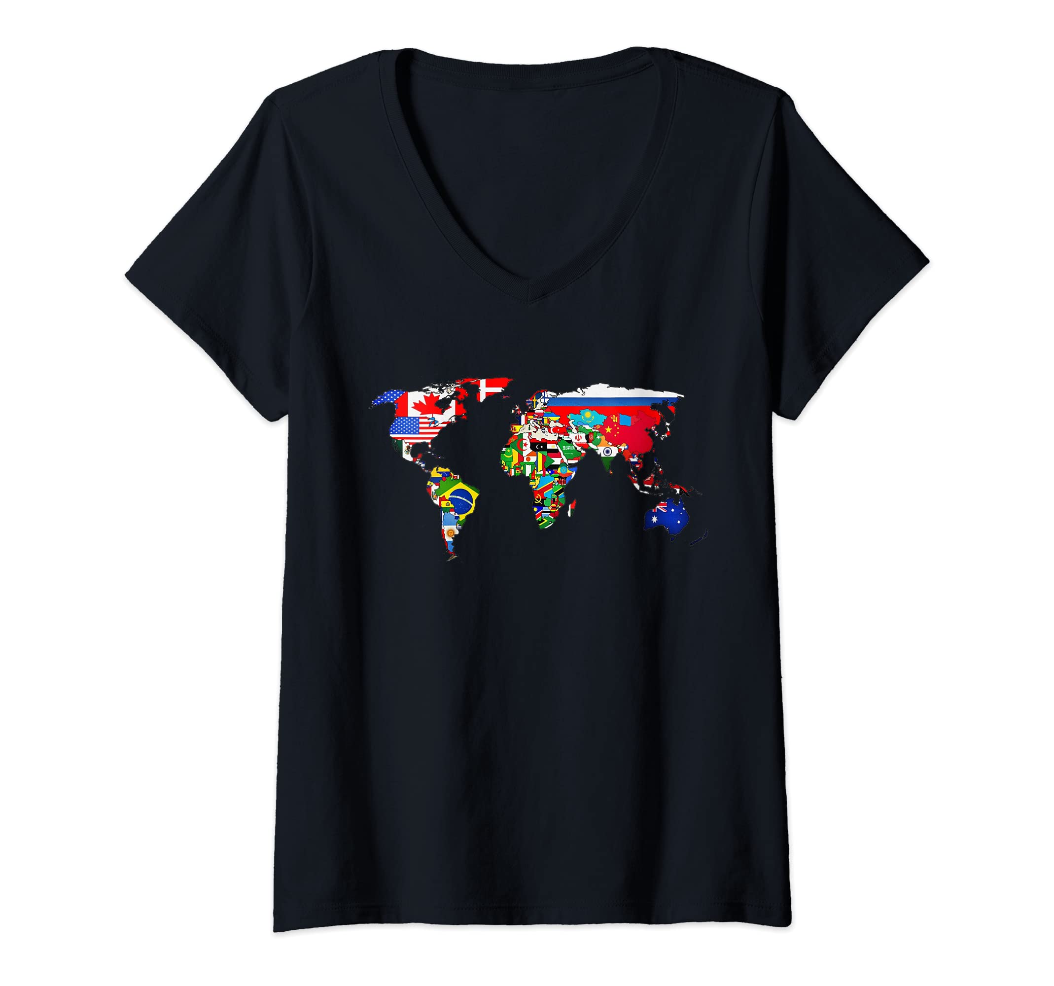 Womens Flag t shirt, flag world, international flag, world map V-Neck T-Shirt
