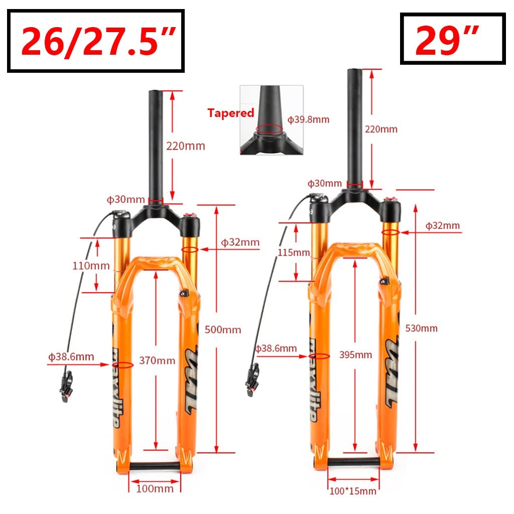 Widelec rowerowy górski 26" 27,5" 29" MTB z pilotem zamka, skok sprężyny pneumatycznej 100 mm, oś wtykowa 100 x 15 mm, rura prosta 1-1/8", rura stożkowa 1-1/2", amortyzator ciśnieniowy